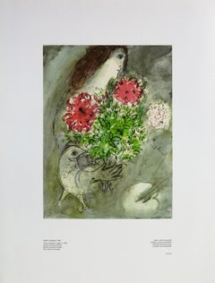 Vintage Marc Chagall Poster Art Print Picture Woman, Flowers and Bird, 1953