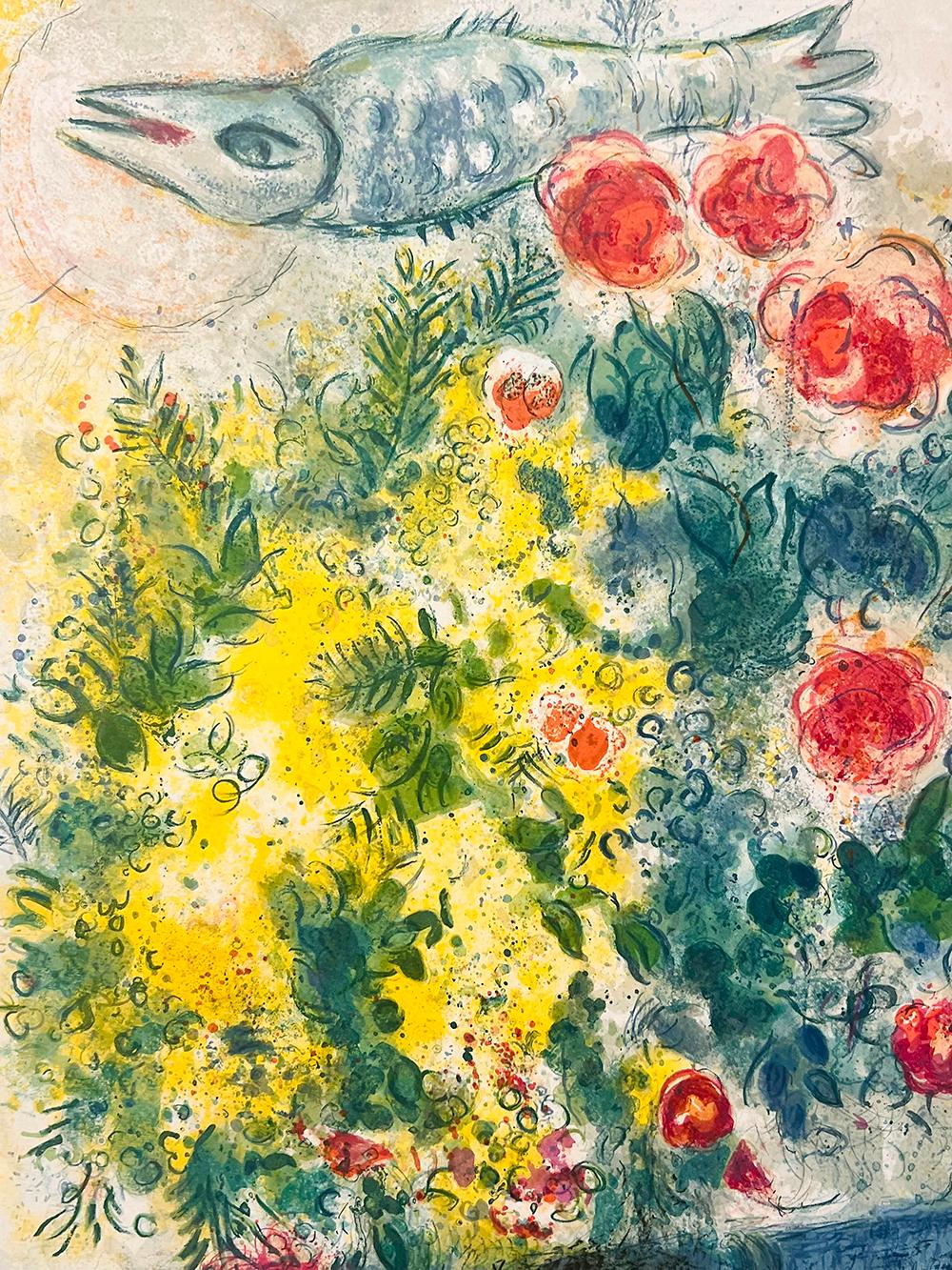 After Marc Chagall Roses et Mimosa (Roses and Mimosa) captures our eye with alluring hues and a boldly bursting bouquet. In this lithograph Chagall illustrates his adoration for this Paris local in an immensely romantic and stunning work.  Our