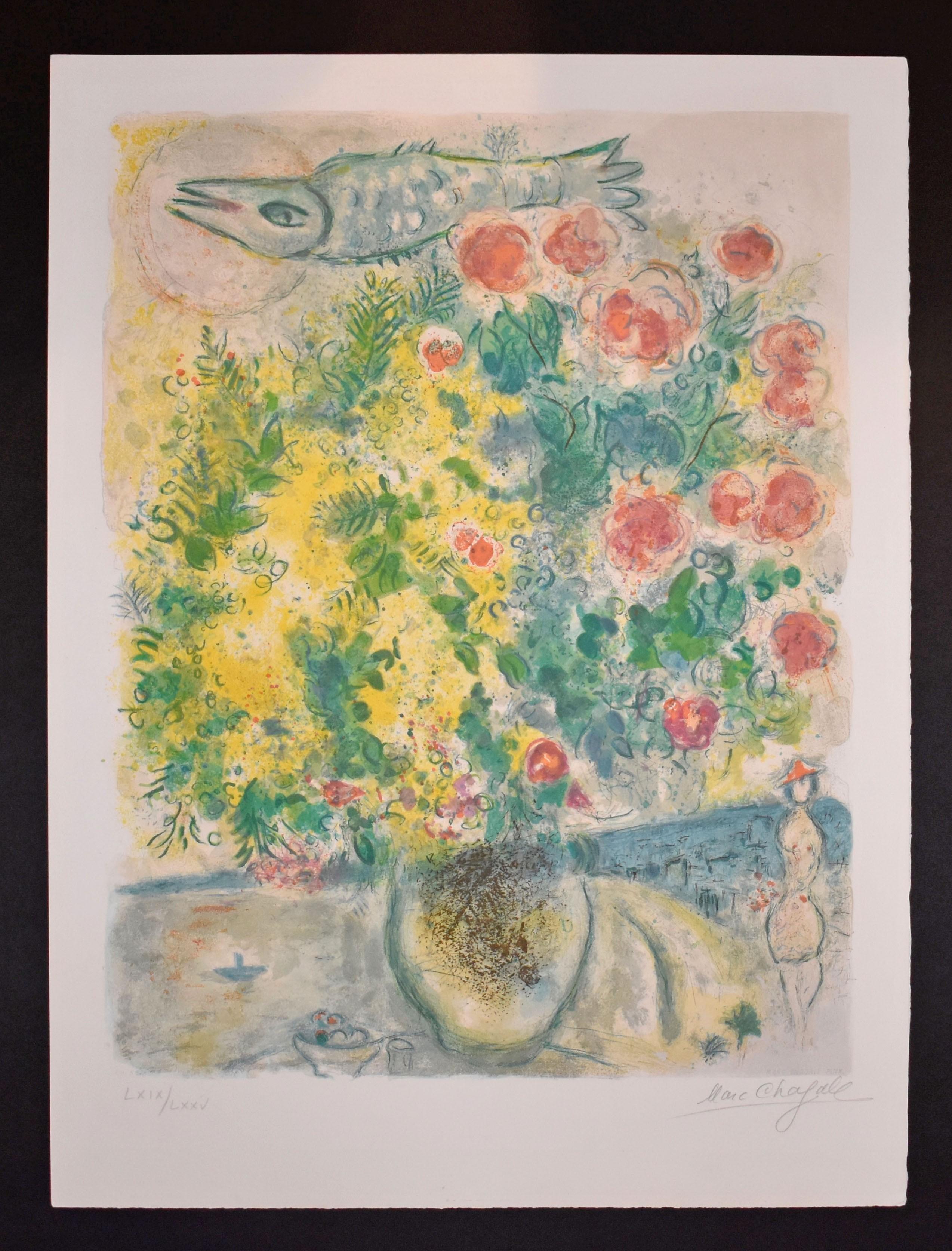 Roses et Mimosas, from Nice and the Cote d'Azur - Beige Still-Life Print by (after) Marc Chagall