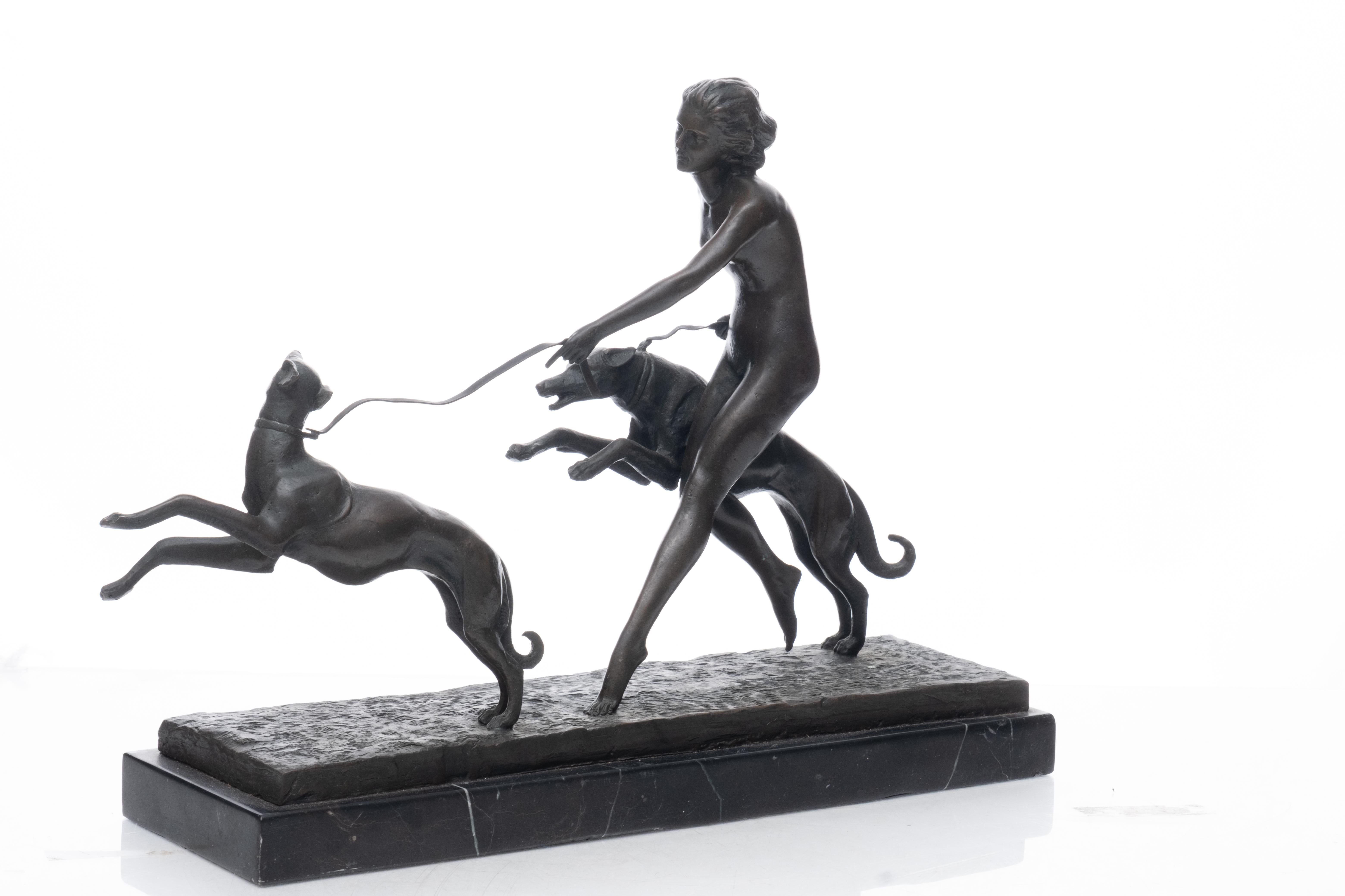 After Marcel Bouraine Art Deco Bronze Sculpture, Woman Running with Dogs For Sale 1