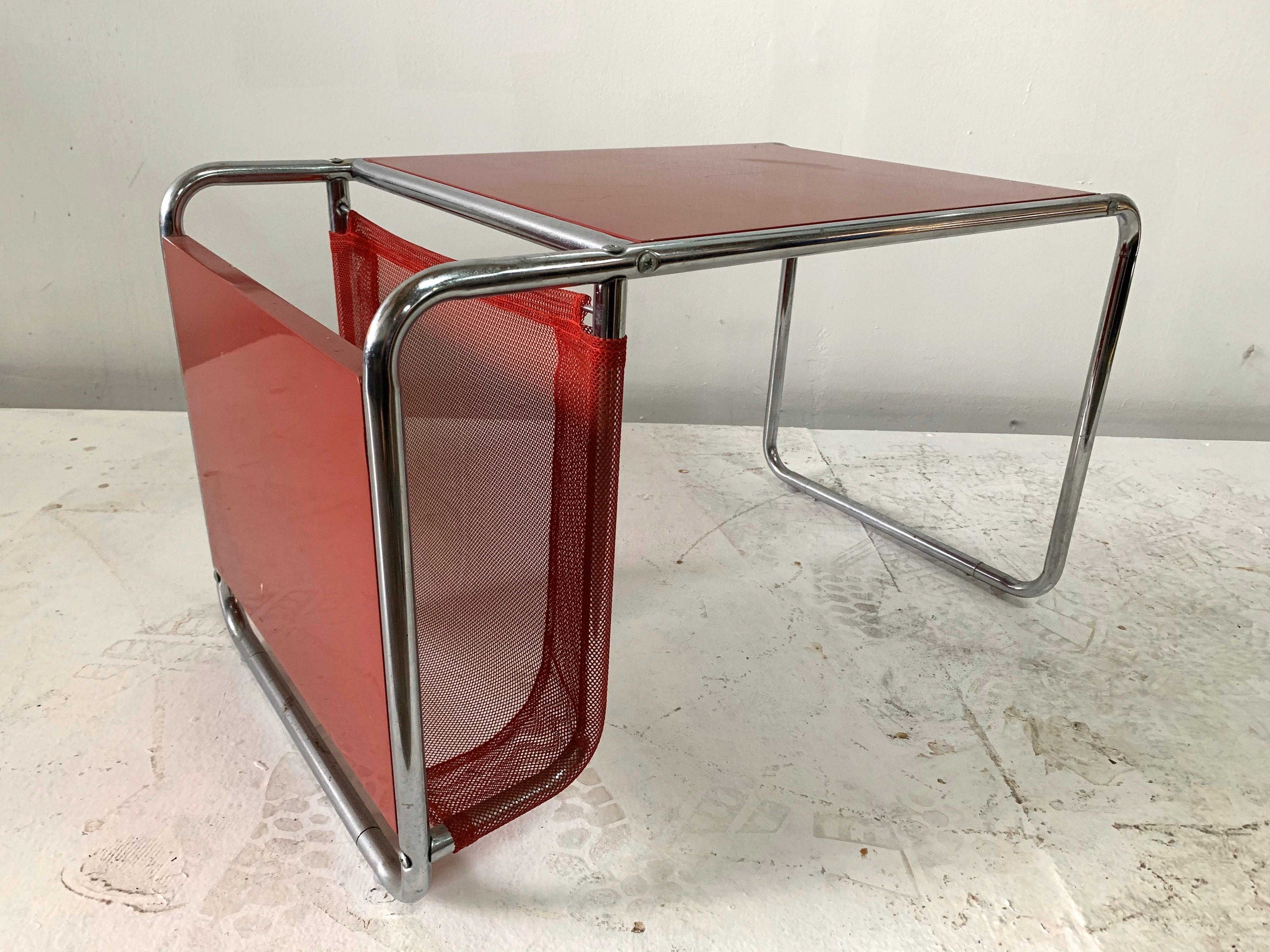 Chrome After Marcel Breuer, a Bauhaus Style Side Table and Magazine Holder For Sale