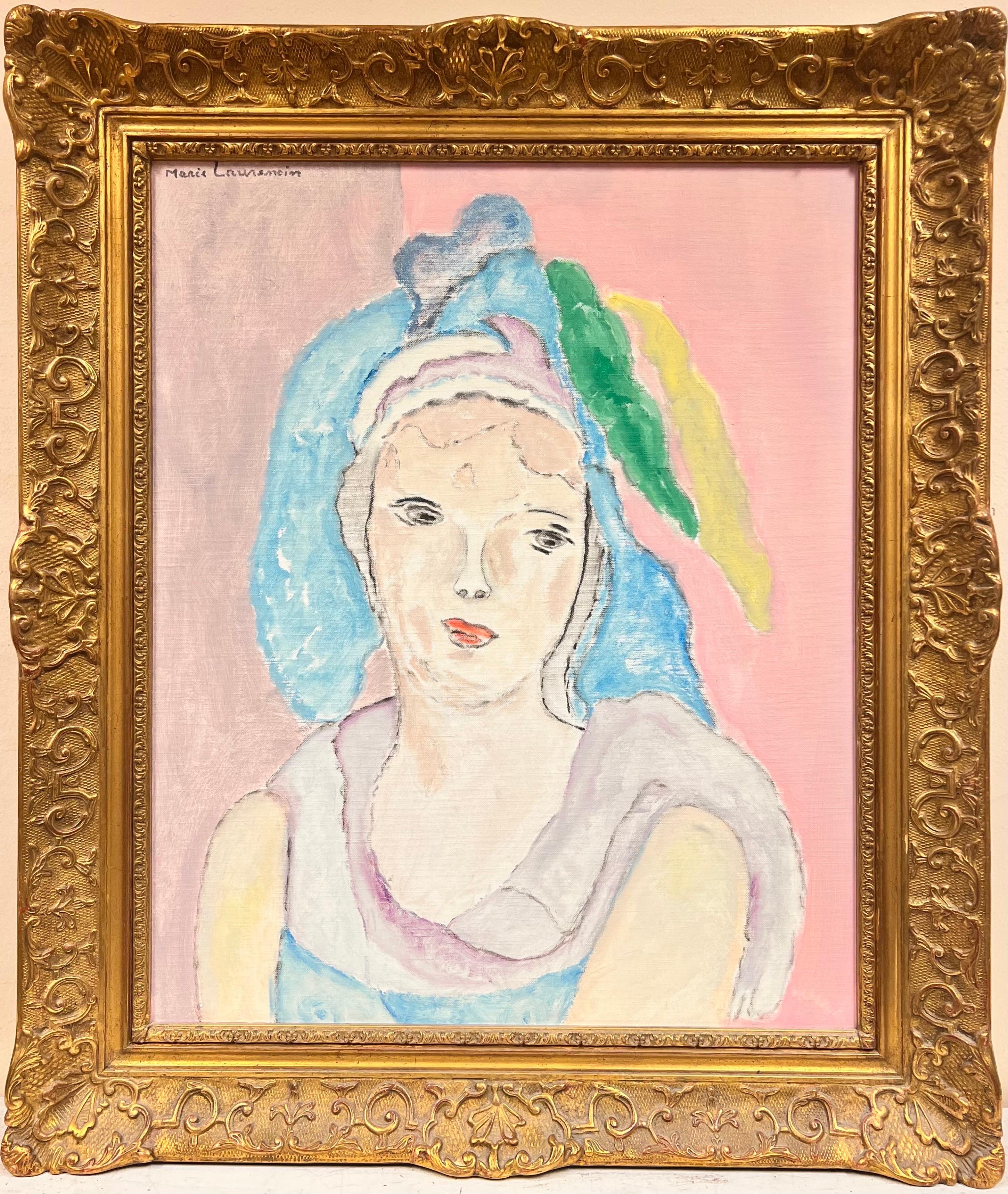 (after) Marie Laurencin Figurative Painting - Beautiful French Modernist Signed Oil Portrait of Girl in Pink, swept gilt frame