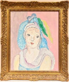 Beautiful French Modernist Signed Oil Portrait of Girl in Pink, swept gilt frame
