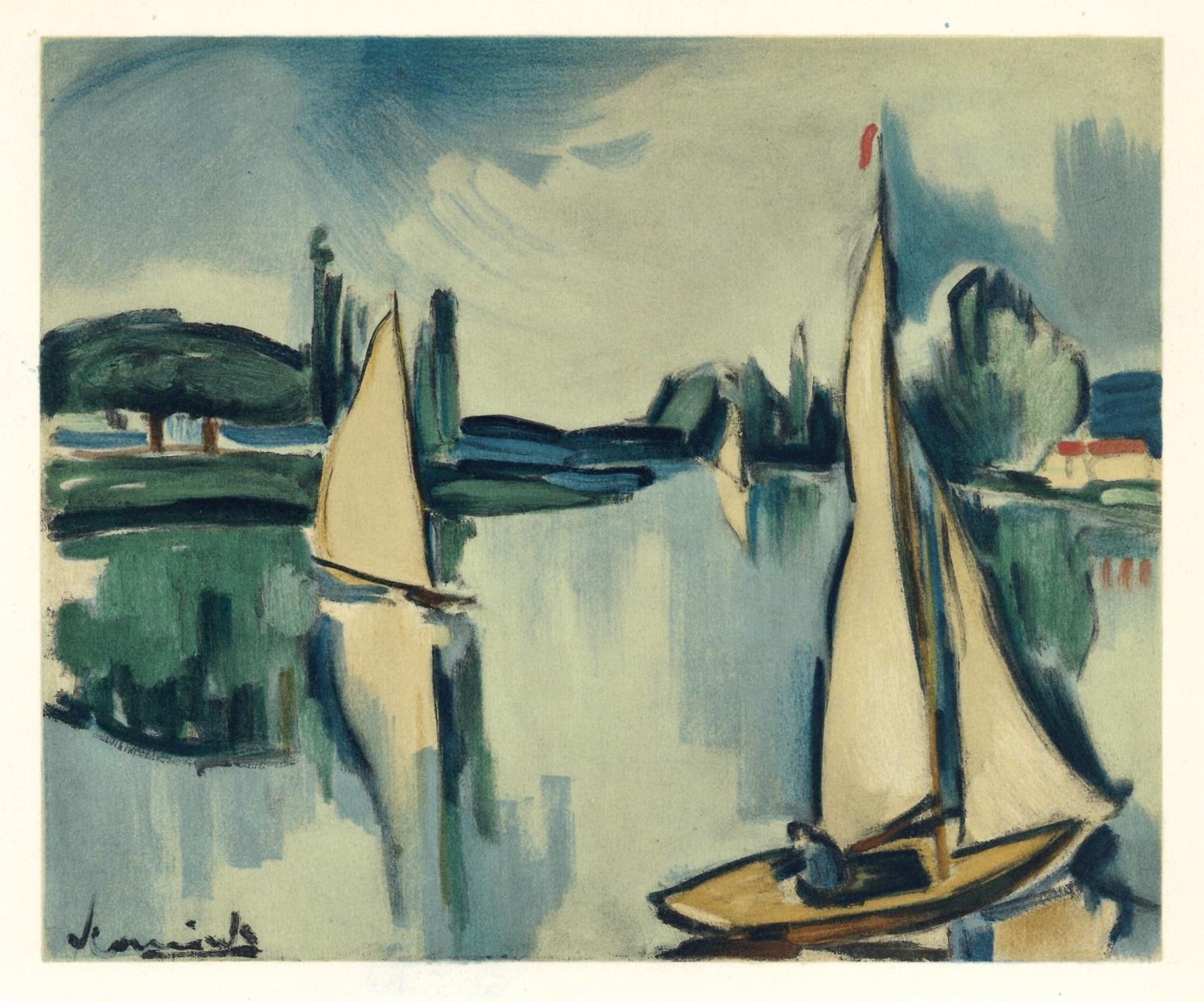 "Sailing Boats on the Seine" lithograph - Print by (after) Maurice de Vlaminck