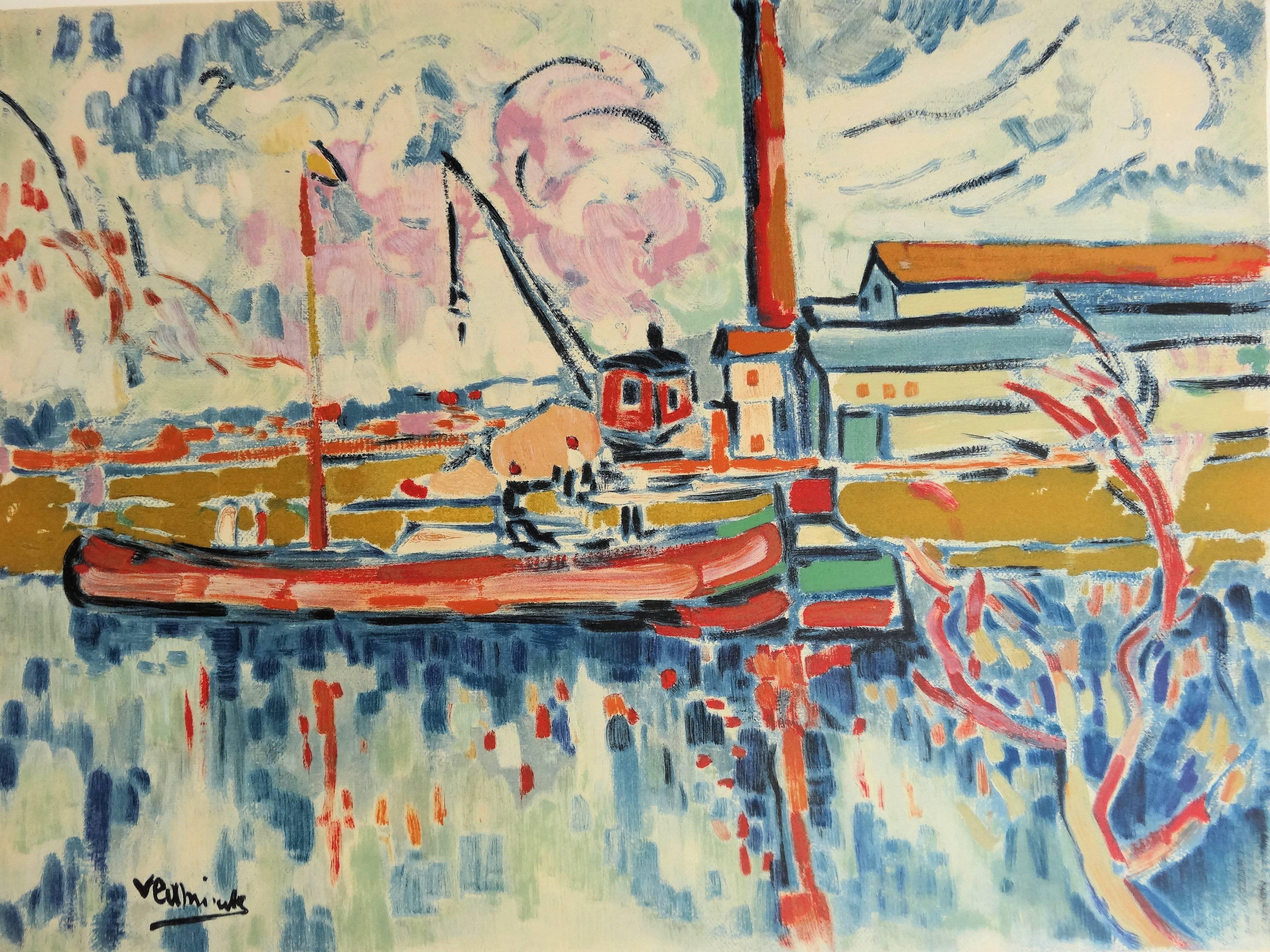 Seine River and Boat in Chatou - Lithograph, 1972 - Fauvist Print by (after) Maurice de Vlaminck