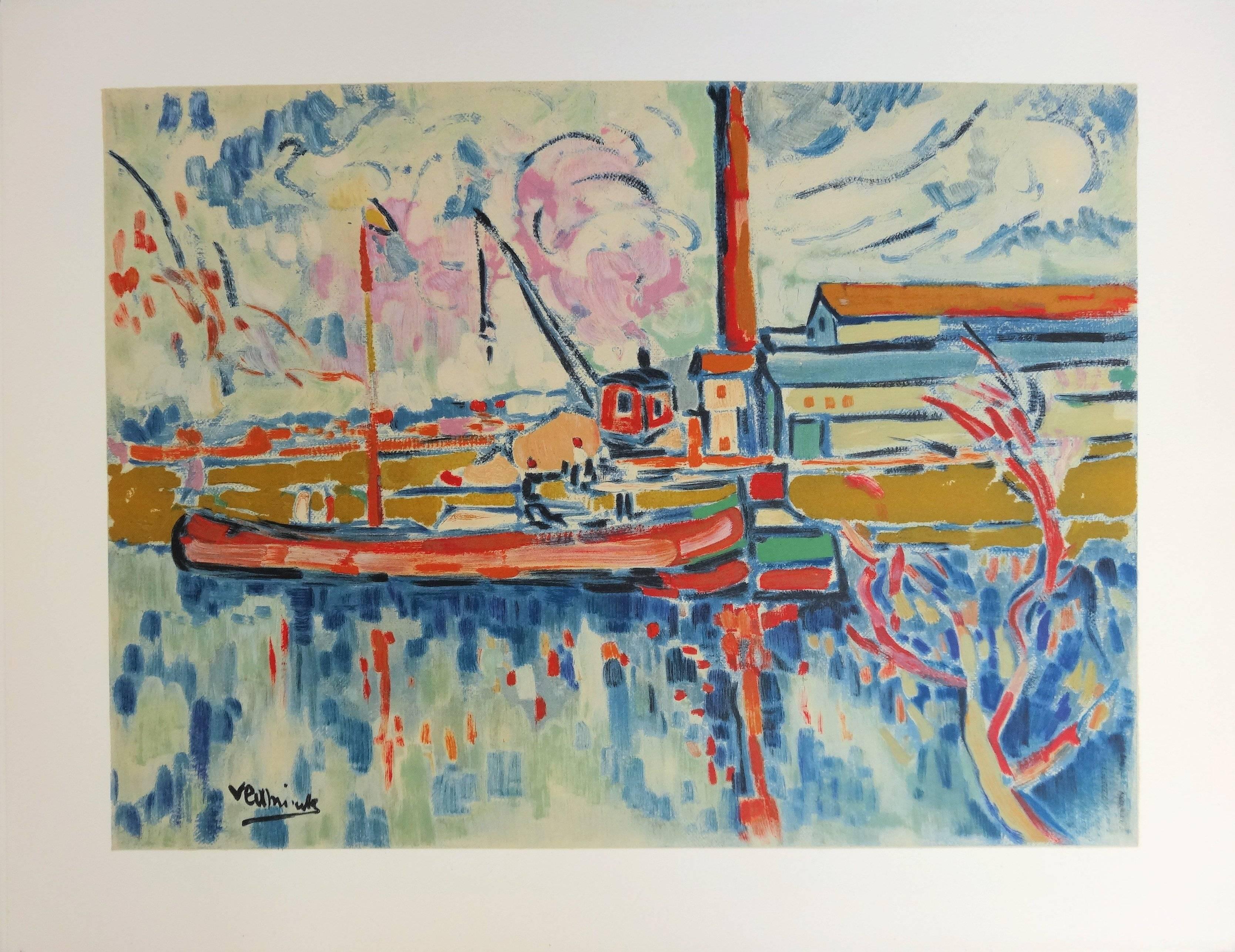 Río Sena y barco en Chatou - Litografía, 1972