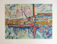 Vintage Seine River and Boat in Chatou - Lithograph, 1972