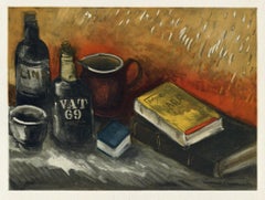 Vintage "Still Life with Whisky Bottle" lithograph