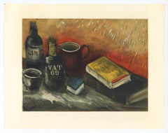 Vintage "Still Life with Whisky Bottle" lithograph