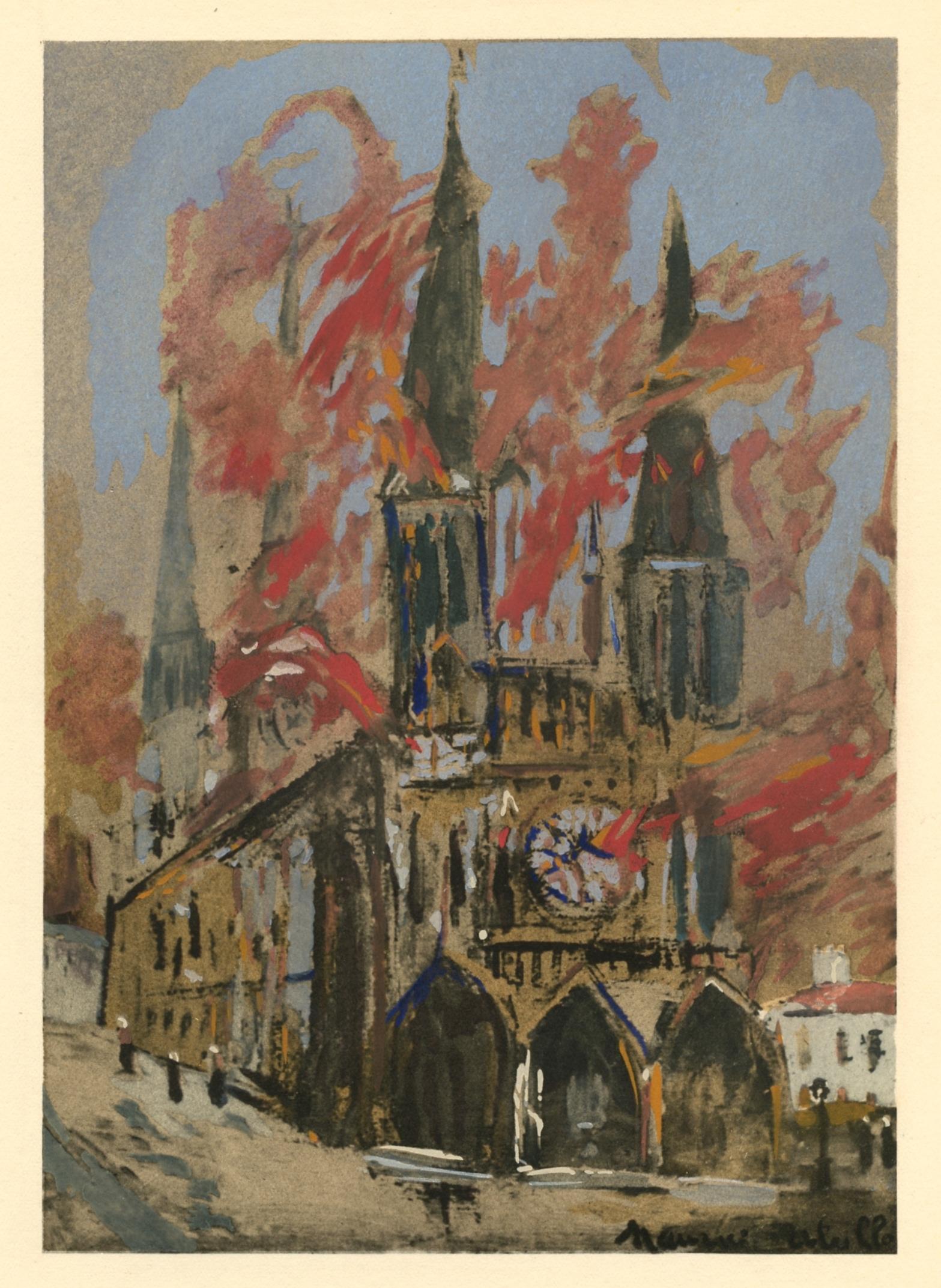 "La Cathedrale en flammes" pochoir - Print by (after) Maurice Utrillo