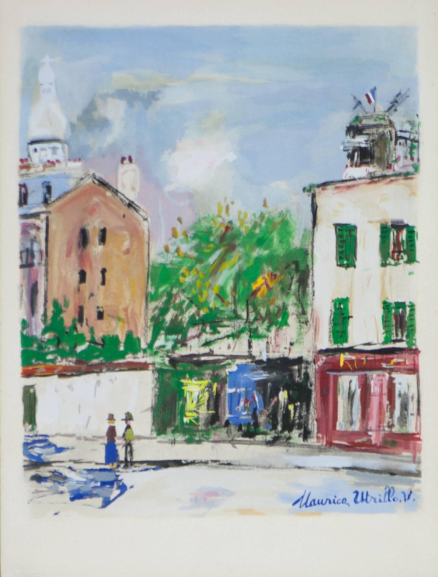 Landscape Print di (after) Maurice Utrillo - Le Village Inspire, scene del quartiere Montmartre di Parigi, Utrillo 1950