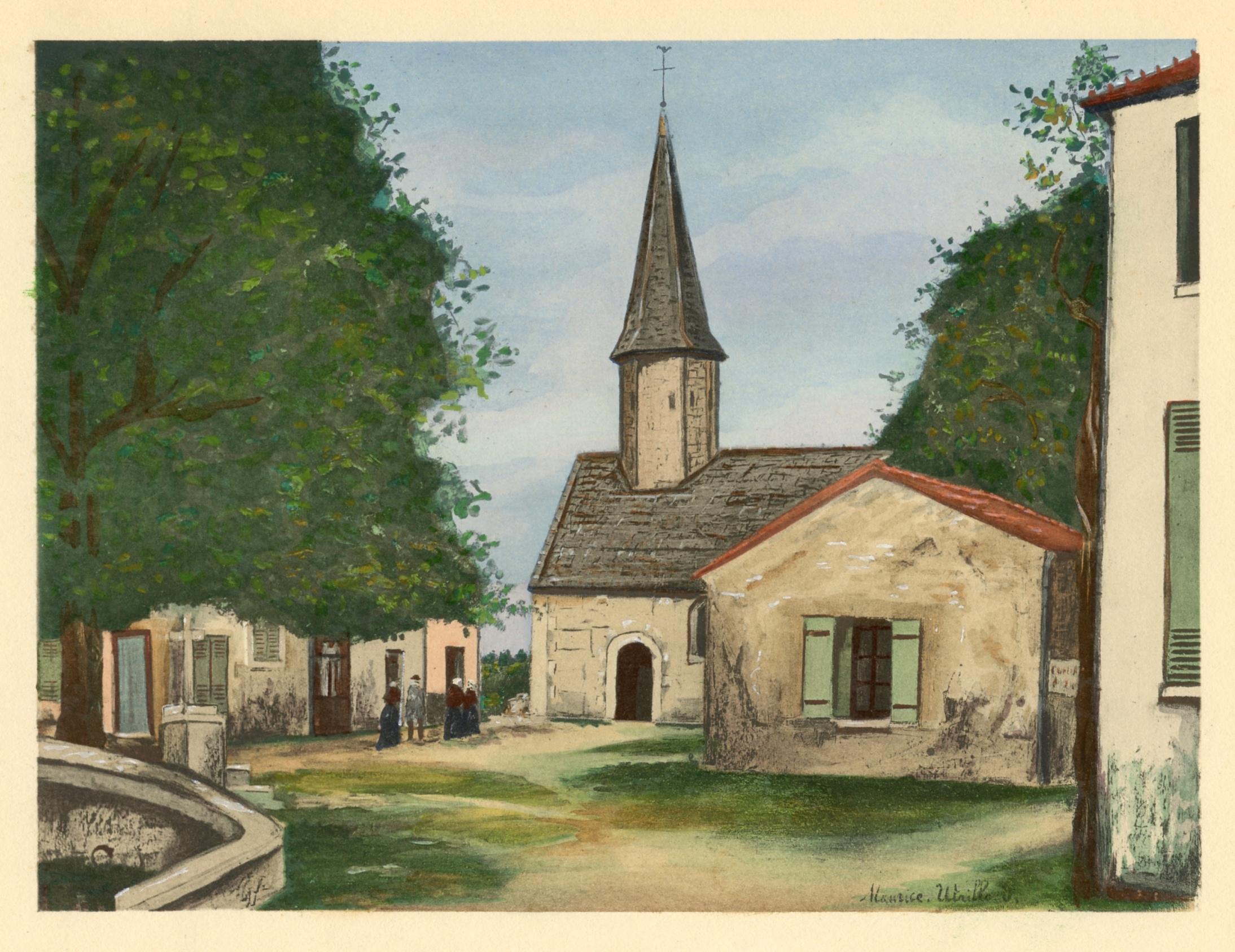 Pochoir „L'Eglise Sainte-Hilaire“ – Print von (after) Maurice Utrillo