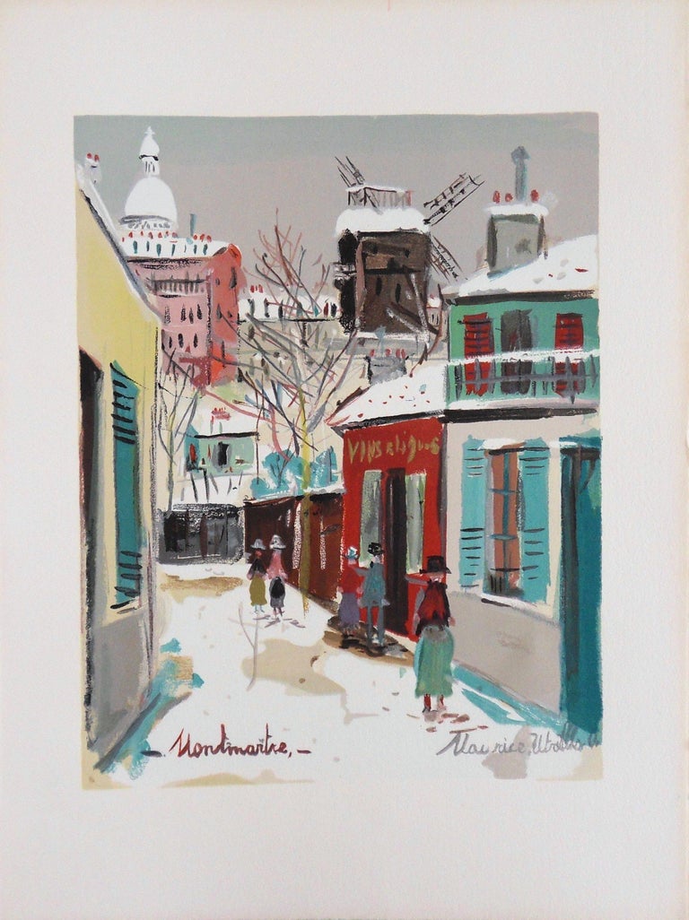 (after) Maurice Utrillo Figurative Print - Montmartre : Sacre Coeur Church and Moulin under the Snow - Lithograph - 1965
