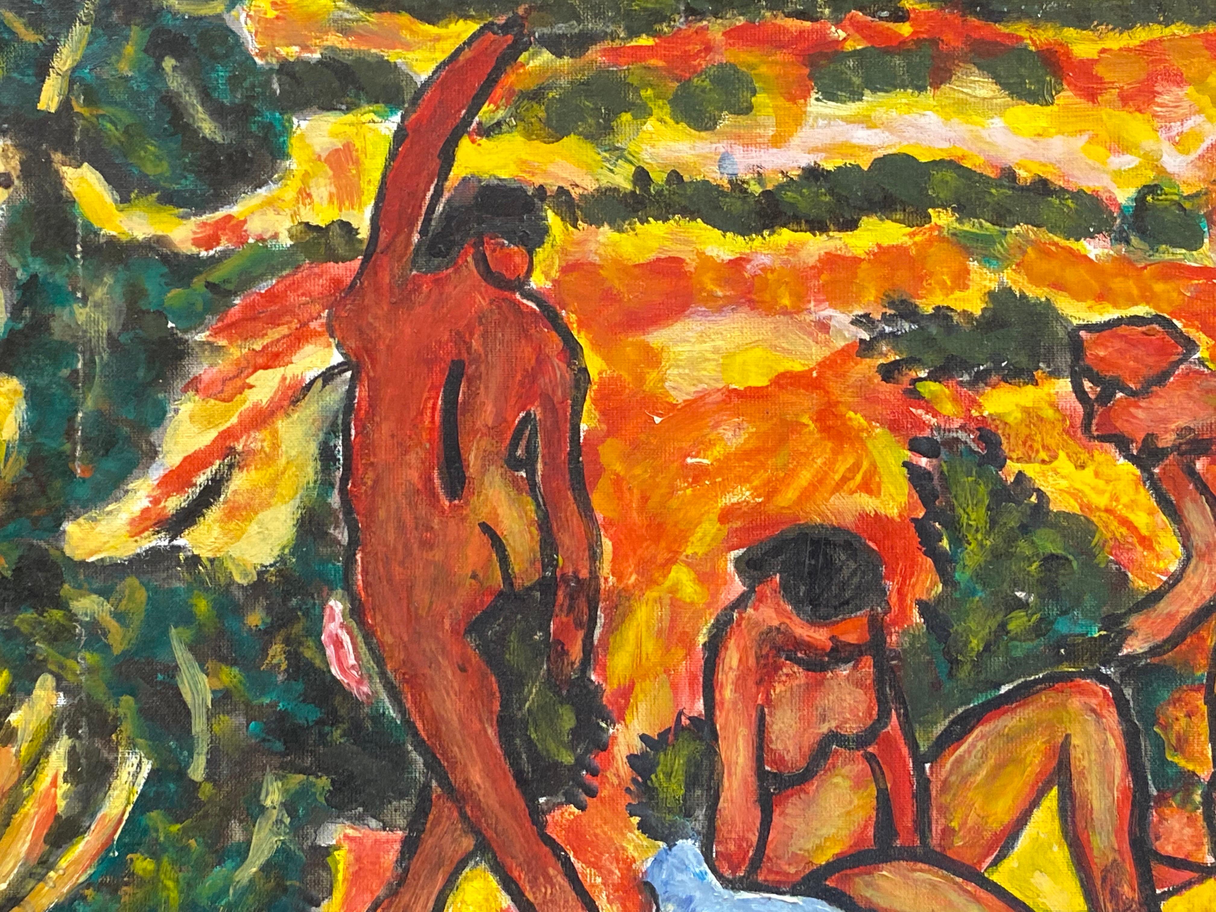 Grande peinture à l'huile fauviste d'après « Nus de Max Pechstein dans un paysage boisé » - Marron Abstract Painting par after Max Pechstein