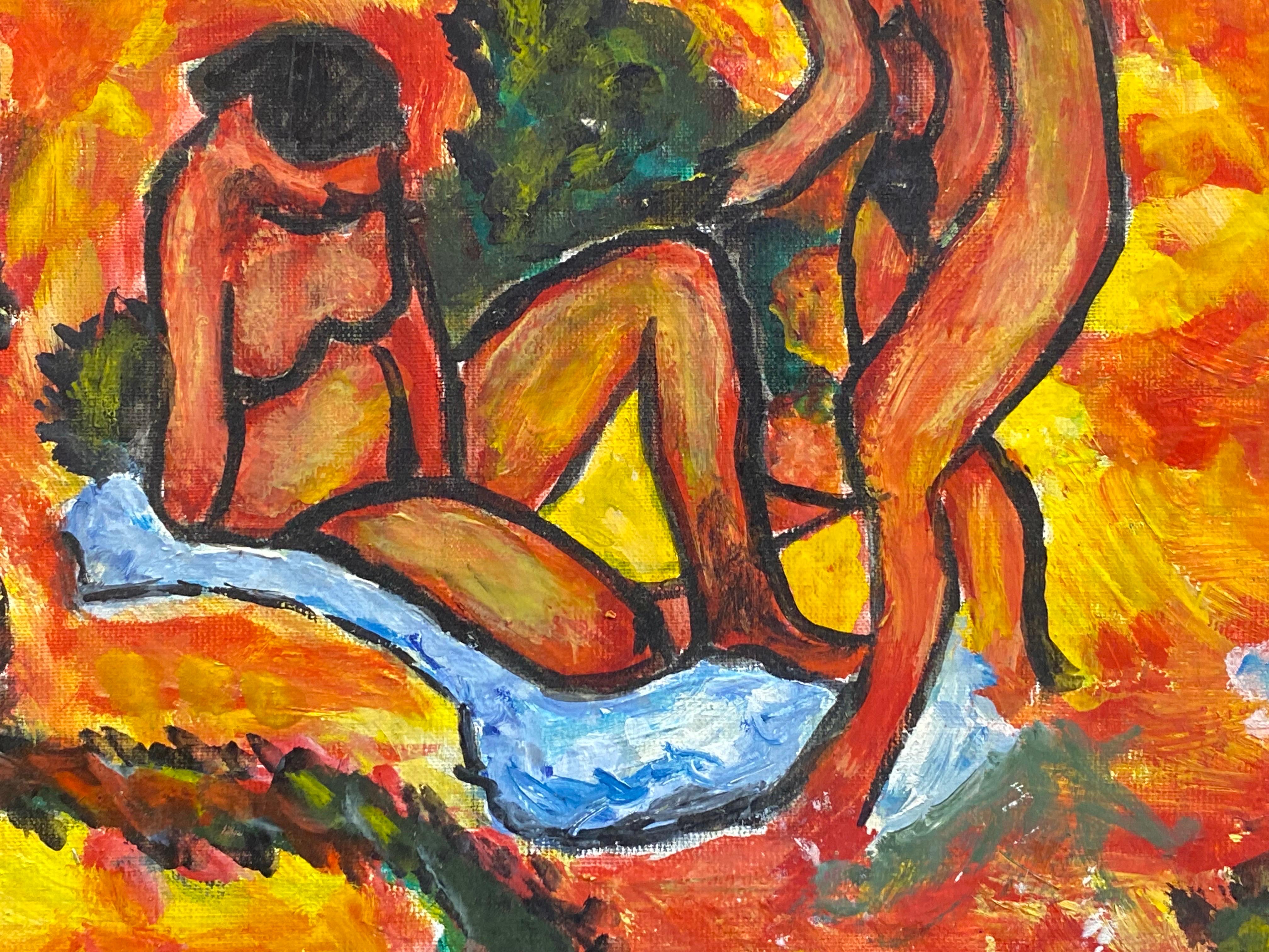 Large Fauvist Oil Painting after Max Pechstein Nudes in Woodland Landscape For Sale 1
