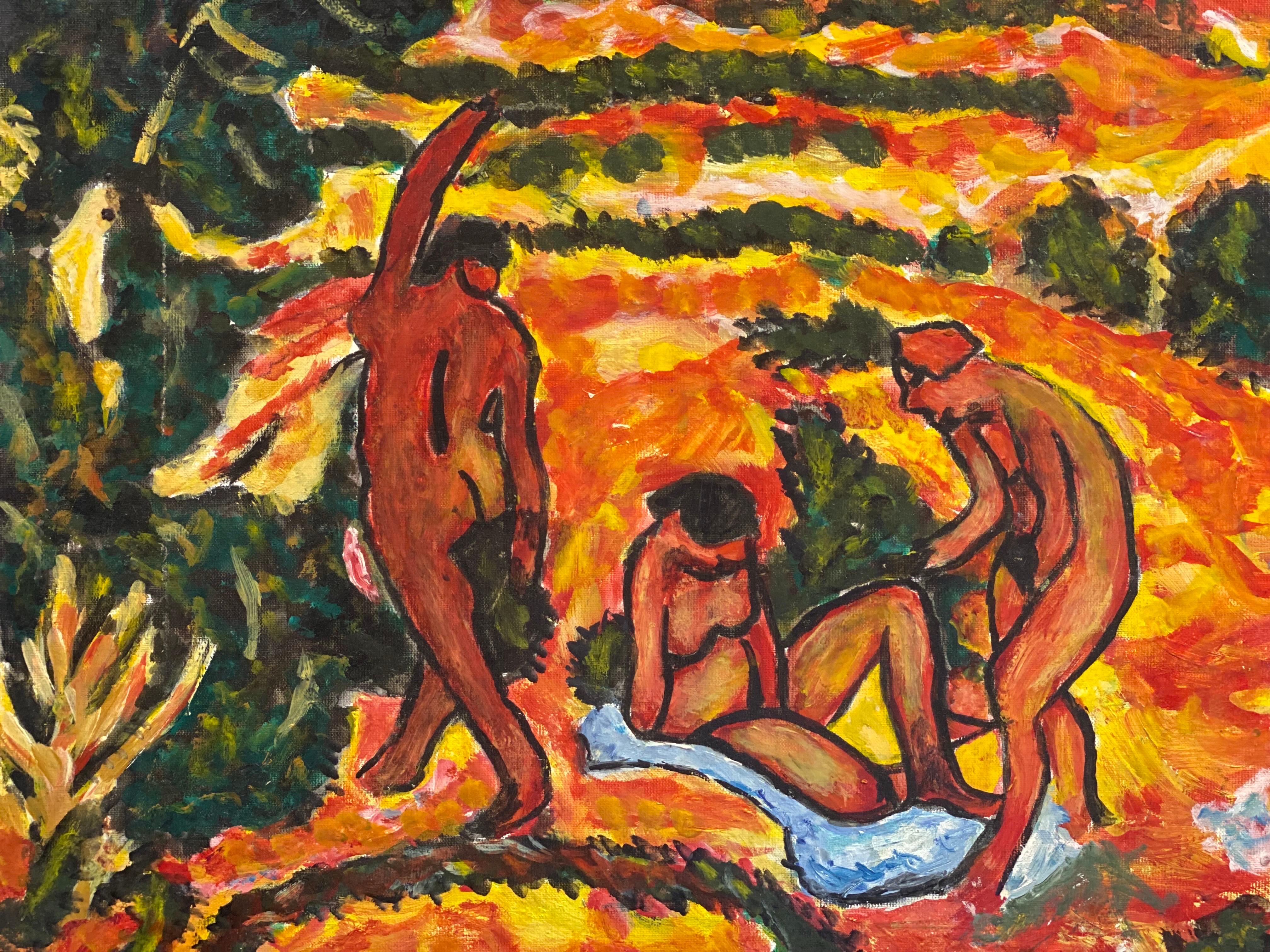 after Max Pechstein Abstract Painting – Großes fauvistisches Ölgemälde nach Max Pechstein, Akte in Waldlandschaft