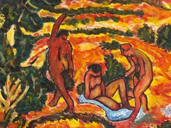 Large Fauvist Oil Painting after Max Pechstein Nudes in Woodland Landscape