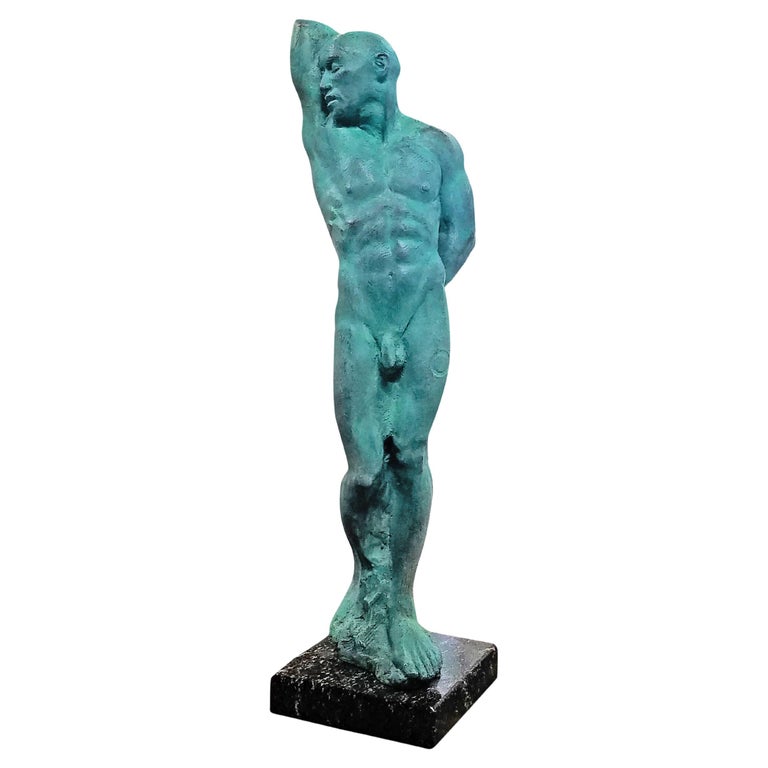 After Michelangelo's Slave Series Classical Male Nude Bronze, Green Patina For Sale