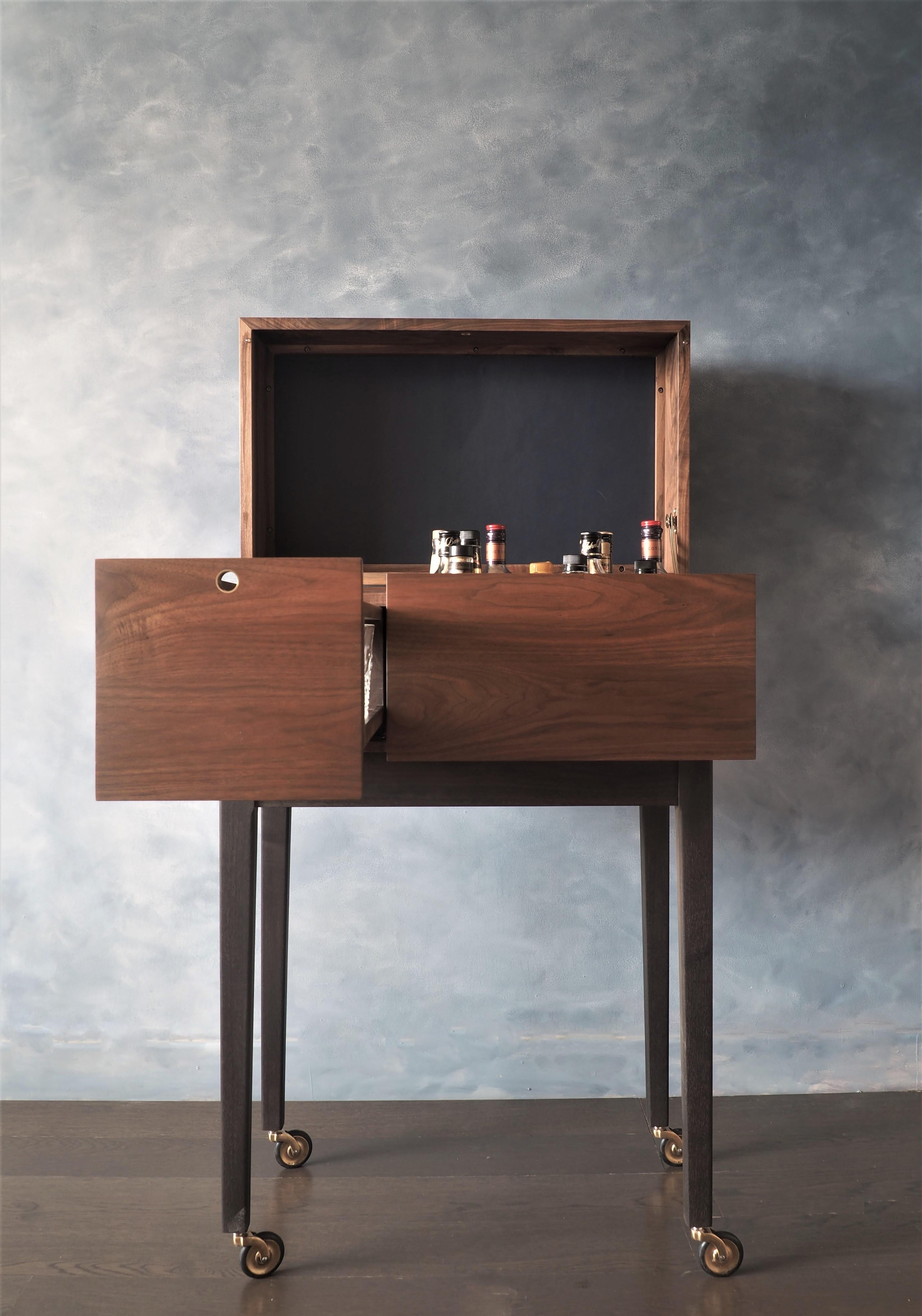 Modern After Midnight Liquor Cart by MSJ Furniture, Walnut Case with Leather and Brass For Sale