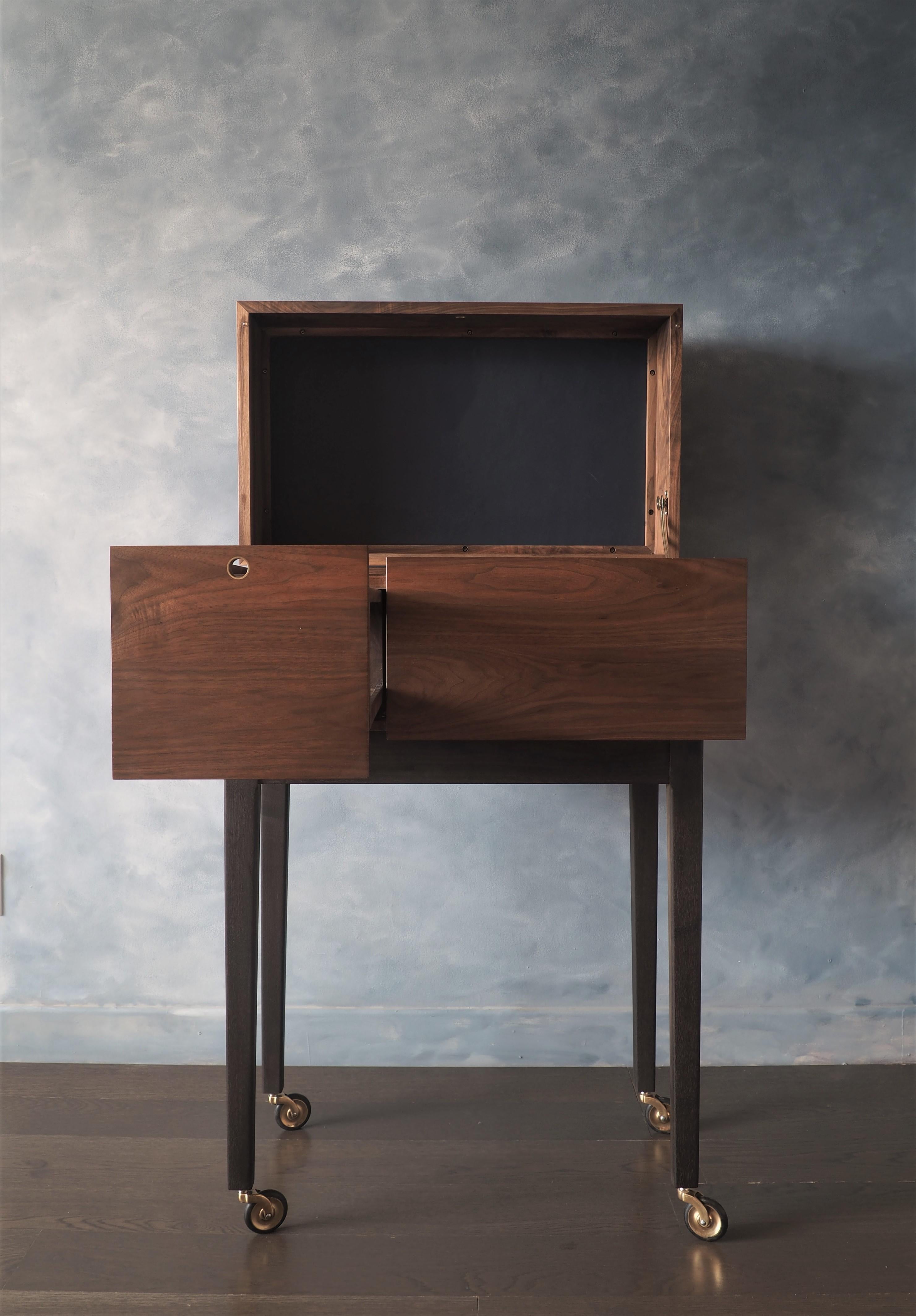 Canadian After Midnight Liquor Cart by MSJ Furniture, Walnut Case with Leather and Brass For Sale