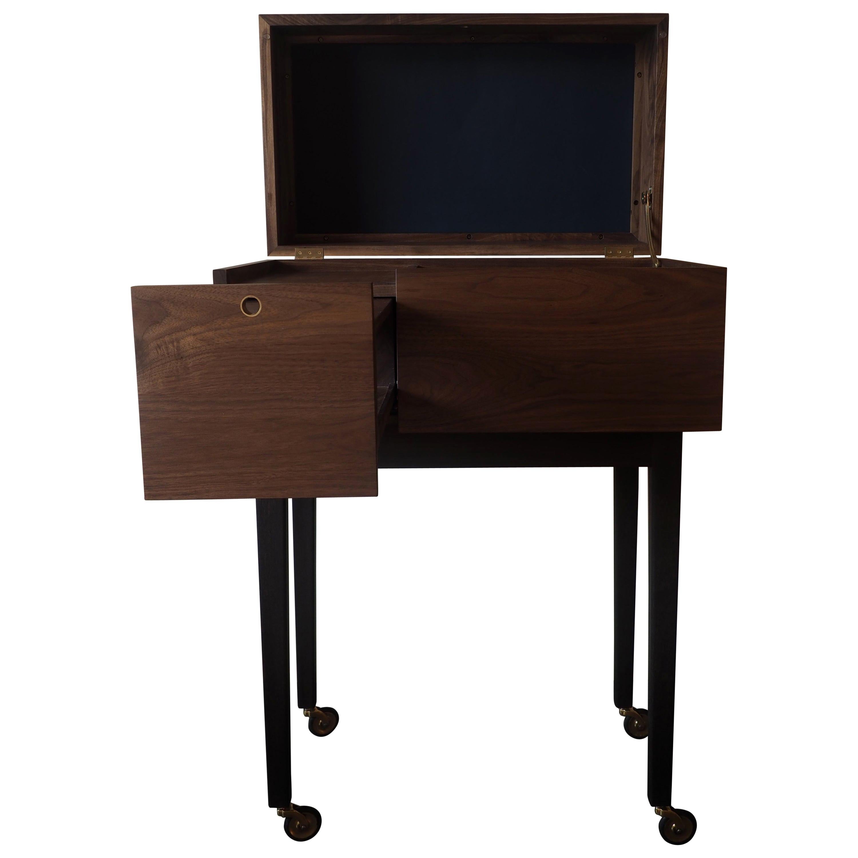 After Midnight Liquor Cart by MSJ Furniture, Walnut Case with Leather and Brass For Sale