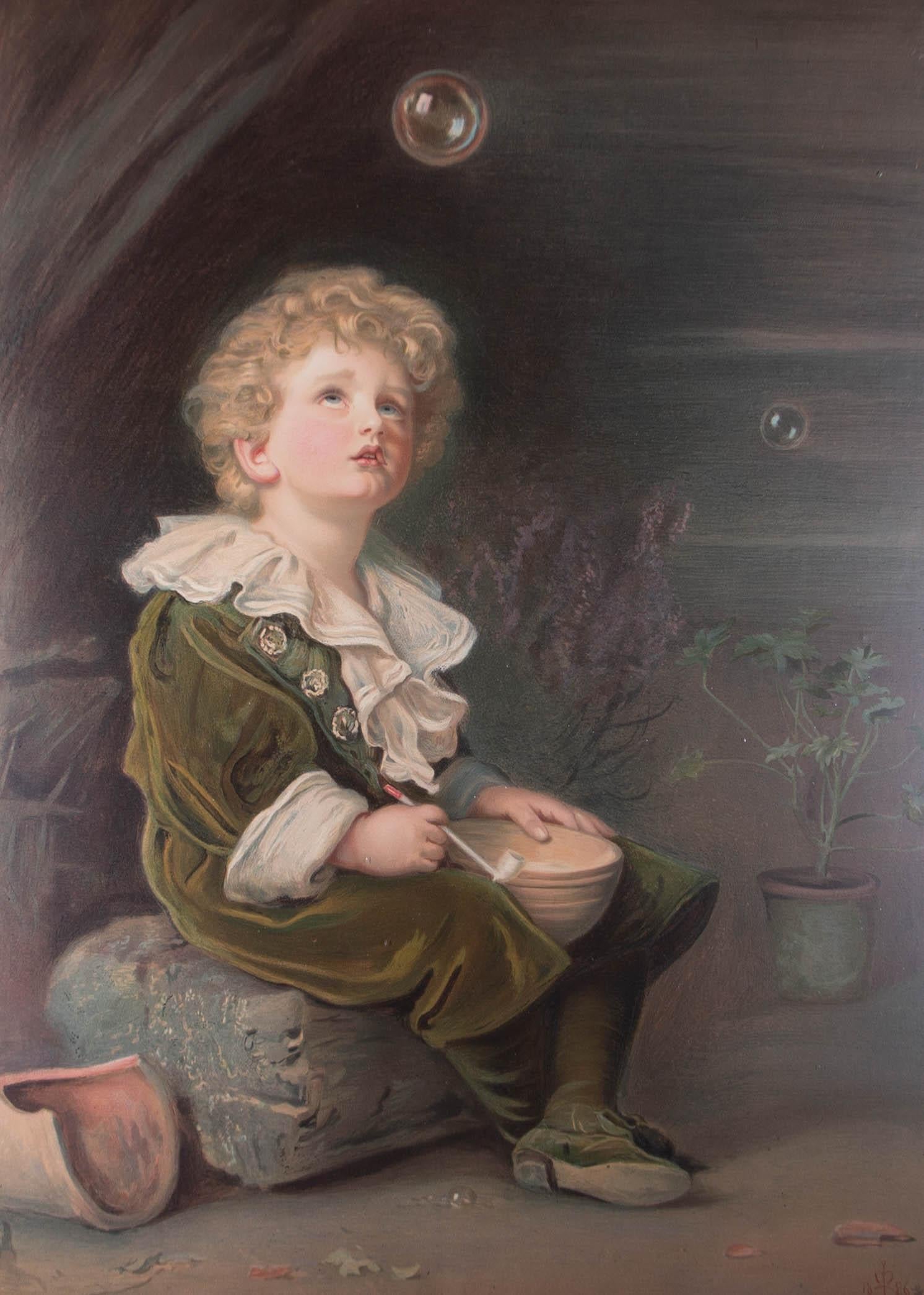 A chromolithograph of John Everett Millais's (1829-1896) painting 'Bubbles' (1886), originally titled 'A Child's World'. The image was most famously used in advertisements for Pears Soap. Presented in a white mount and an Aesthetic Movement frame