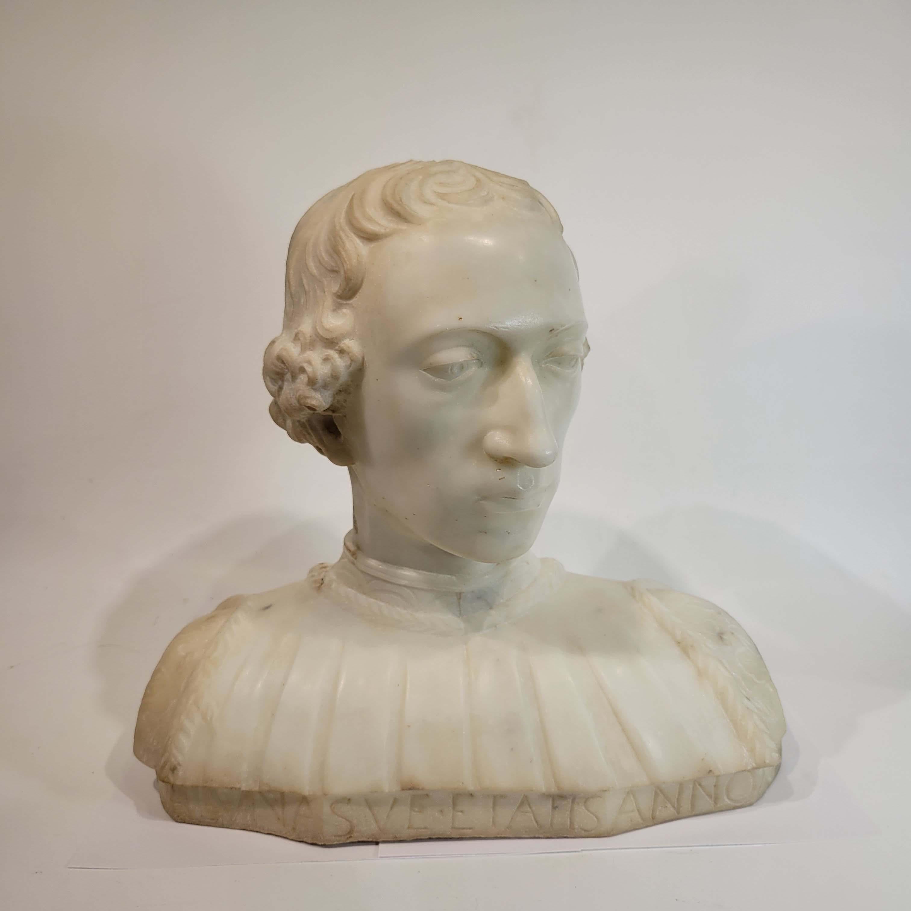 Carved marble bust of Rinaldo della Luna at the age of 27 After  Mino da Fiesole in Florence in 1461. The della Luna family were renowned as men of letters and humanists in Florence during the renaissance. Mino da Fiesole (or Mino di Giovanni)(ca.