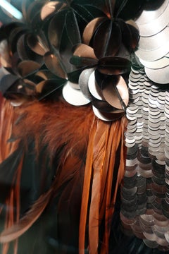 Hand-Crafted 3D Wall Art: Mondrian Style with Feathers & Sequins