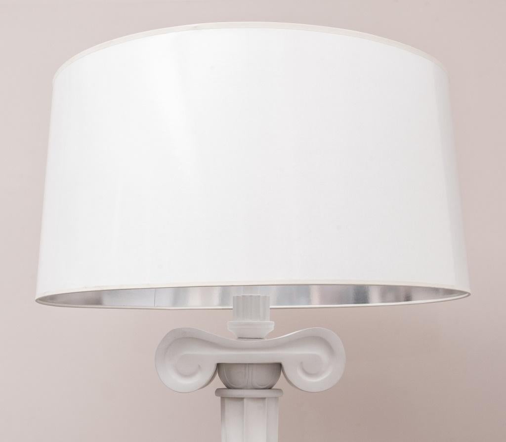 After Morris Lapidus Columnar Floor Lamp, with white shade. 73.5