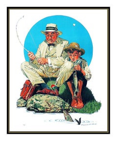 Norman Rockwell Color Lithograph Original HAND SIGNED Catching The Big One Art