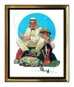 Vintage Norman Rockwell Color Lithograph Original HAND SIGNED Catching The Big One Art