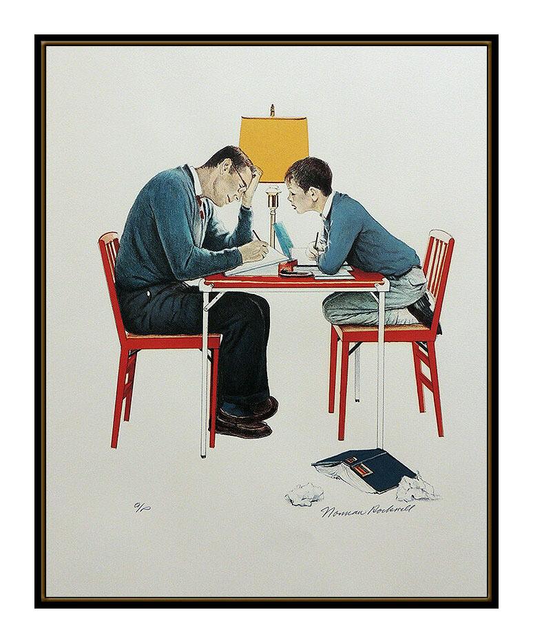 Norman Rockwell Hand Signed School Days Studying Lithograph Illustration Artwork - Print by After Norman Rockwell
