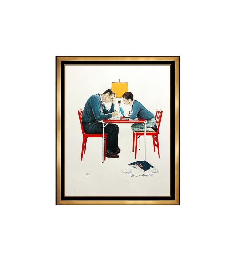 After Norman Rockwell Figurative Print - Norman Rockwell Hand Signed School Days Studying Lithograph Illustration Artwork