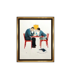Norman Rockwell Hand Signed School Days Studying Lithograph Illustration Artwork