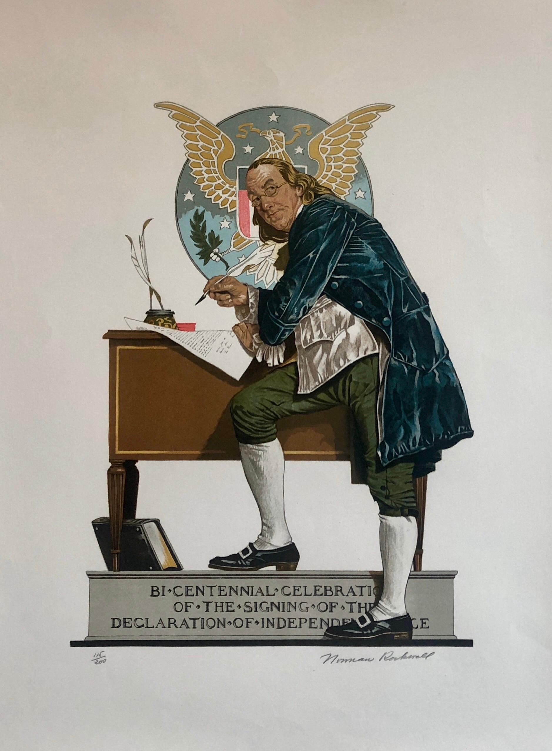 Litografia originale Benjamin Franklin, Dichiarazione di Indipendenza Arte Americana - Print di After Norman Rockwell