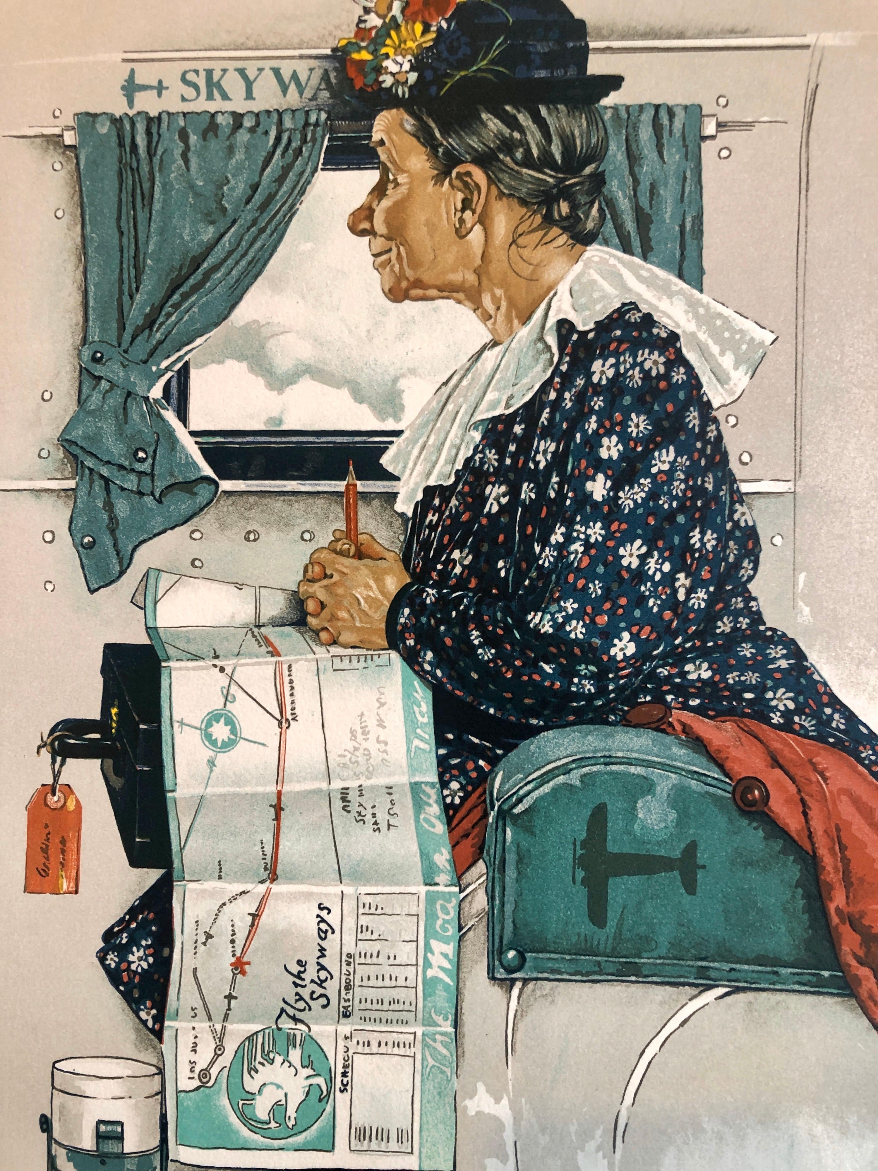 Litografía Original Firmada a Mano Vieja Mujer Montando Primer Vuelo de Avión Americana - Print realista estadounidense de After Norman Rockwell