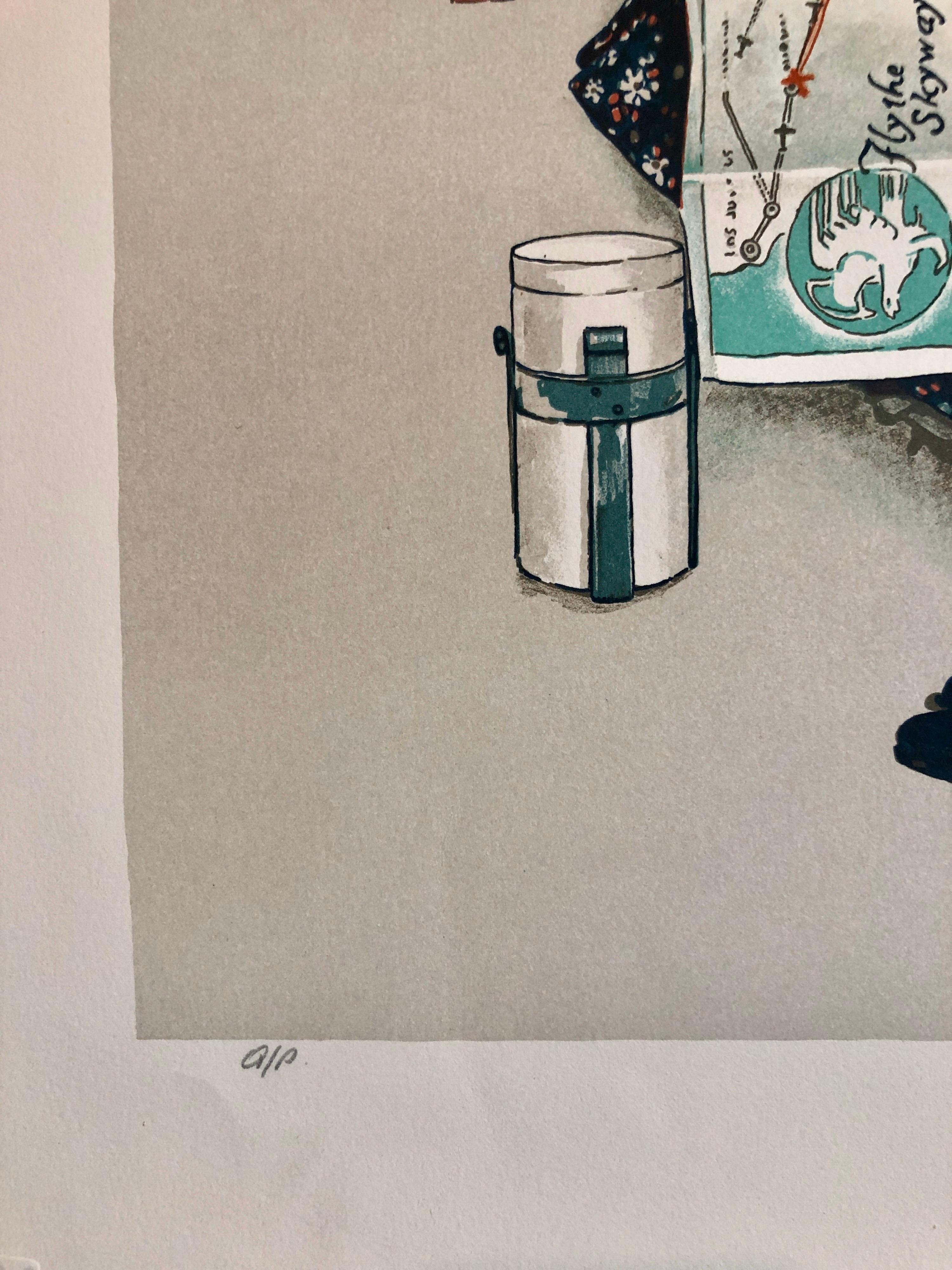 Litografía Original Firmada a Mano Vieja Mujer Montando Primer Vuelo de Avión Americana en venta 2
