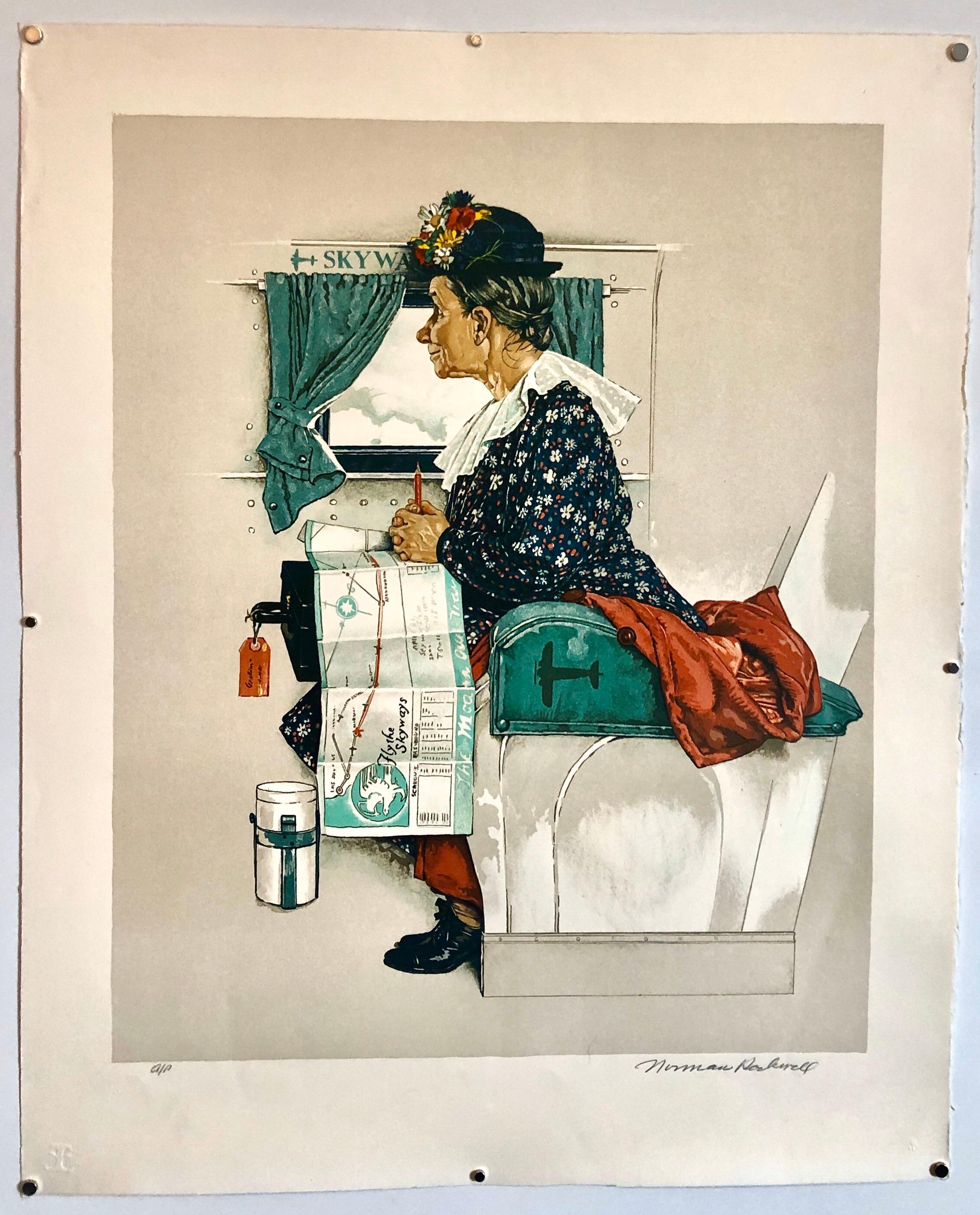 Litografía Original Firmada a Mano Vieja Mujer Montando Primer Vuelo de Avión Americana en venta 3