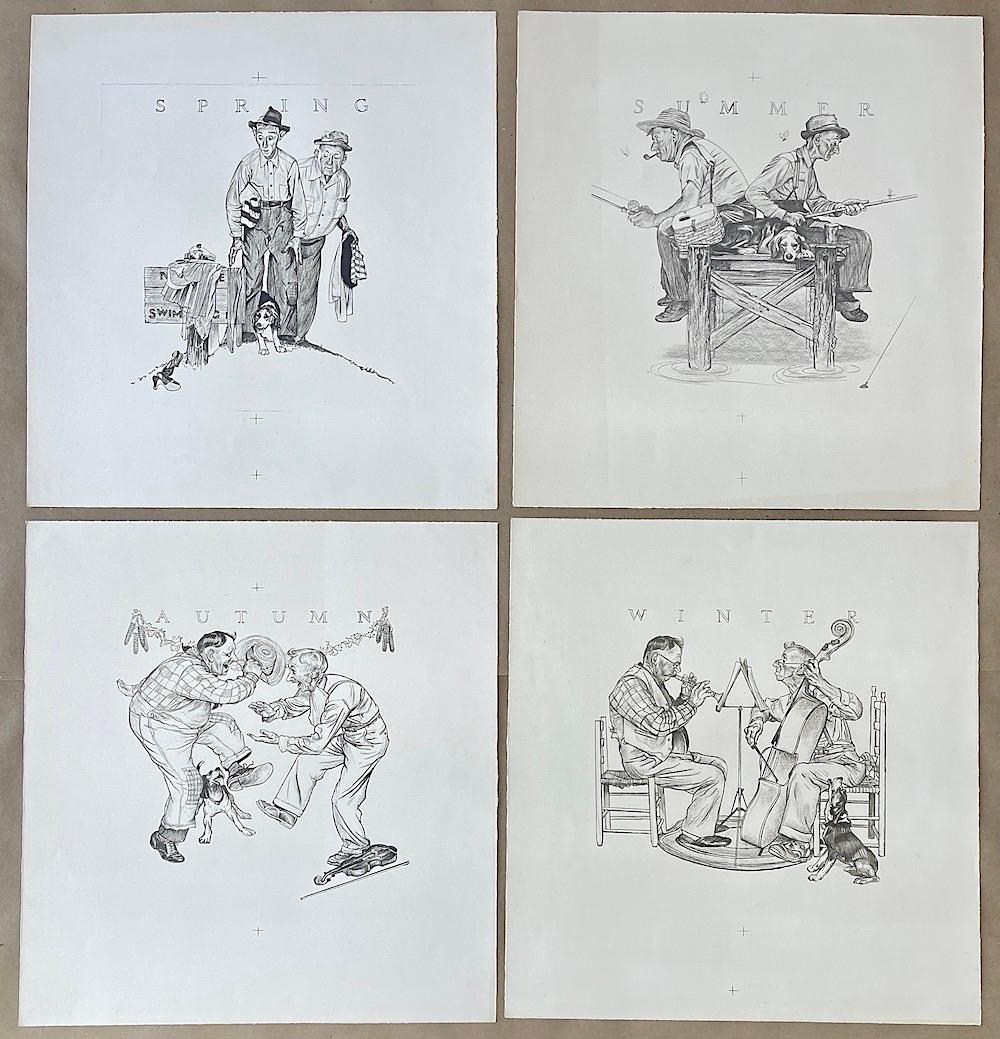 THE FOUR SEASONS 4 Hand Drawn Lithographs, American Illustration Art, Americana For Sale 2