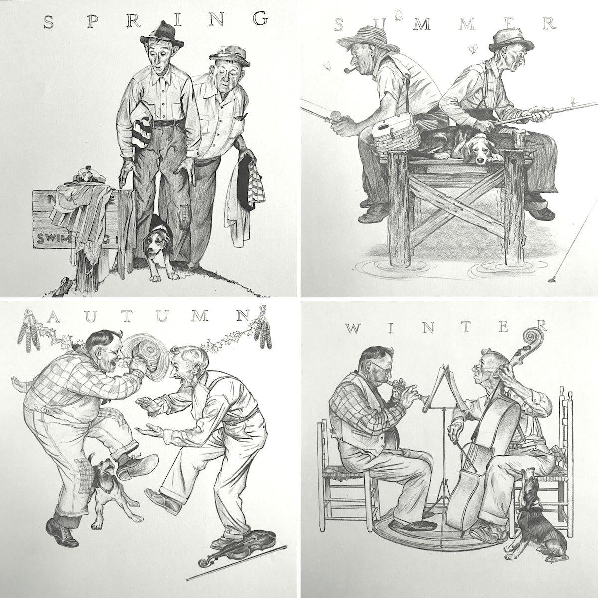 THE FOUR SEASONS 4 Hand Drawn Lithographs, American Illustration Art, Americana
