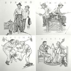 Retro THE FOUR SEASONS 4 Hand Drawn Lithographs, American Illustration Art, Americana