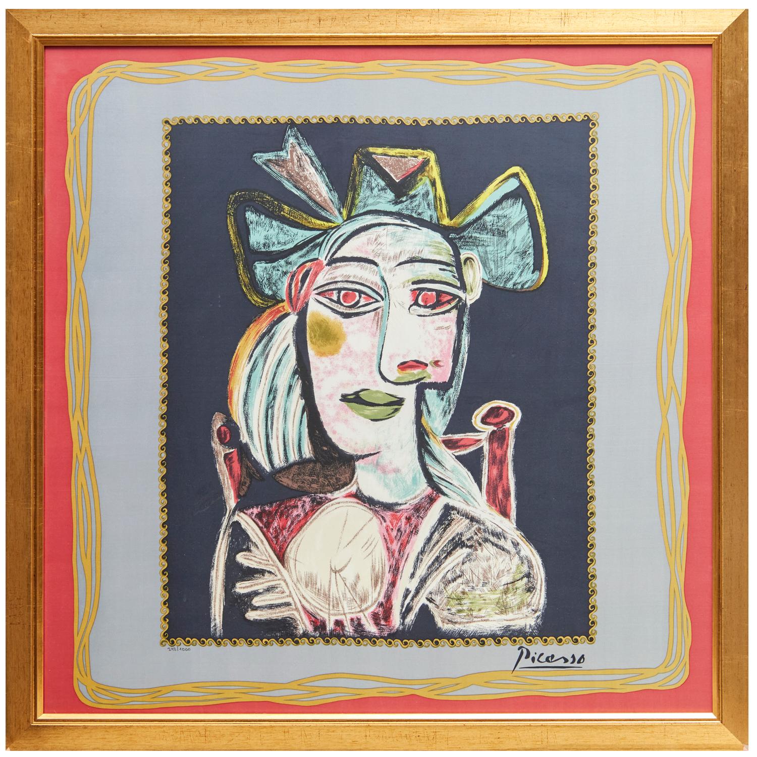After Pablo Picasso, Framed Serigraph on Silk - Buste de Femme au Chapeau Bleu For Sale 2