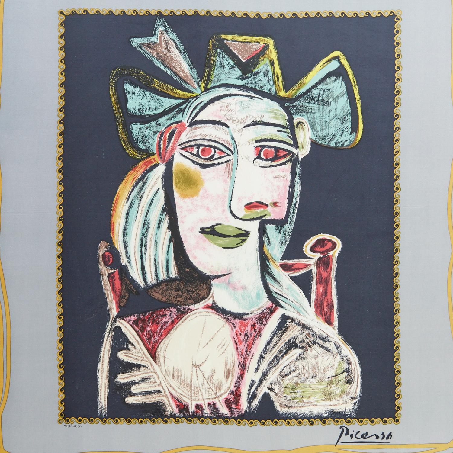 After Pablo Picasso (Spanish/ French, 1881-1973), Buste de Femme au Chapeau Bleu, serigraph on silk. A hand-colored and hand pulled scarf in 12 colors, it is number 242 from an unsigned limited edition of 1000. The scarf has been smartly framed in