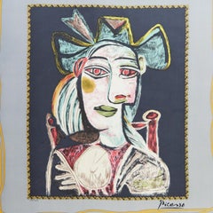 After Pablo Picasso, Framed Serigraph on Silk - Buste de Femme au Chapeau Bleu