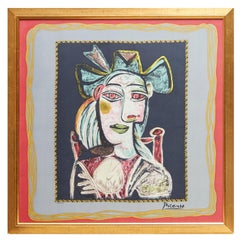 Según Pablo Picasso, Serigrafía enmarcada sobre seda - Buste de Femme au Chapeau Bleu