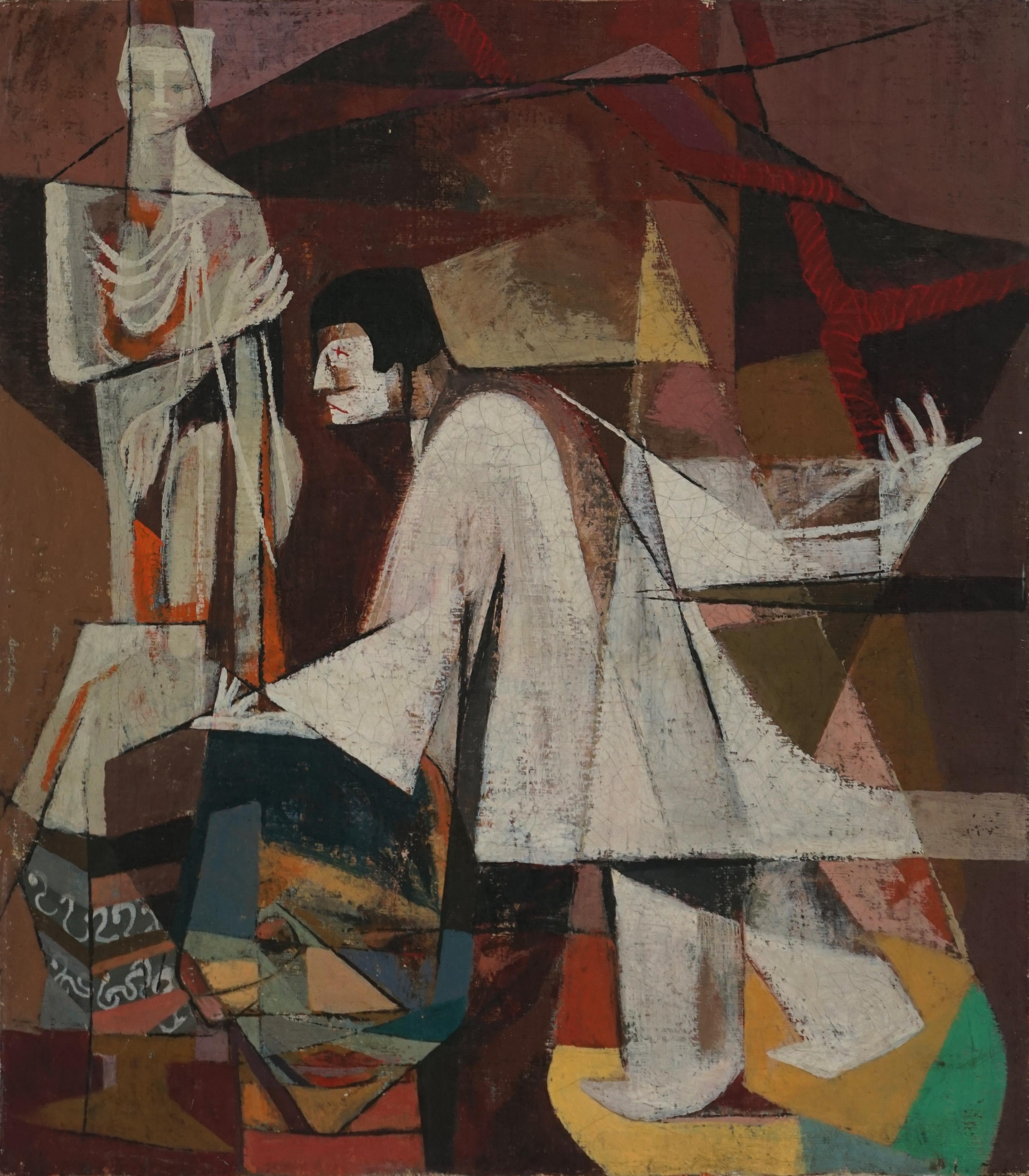 Mid Century Cubist Figurative After Pablo Picasso -- Pierrot Clown & Nun - Painting by (after) Pablo Picasso