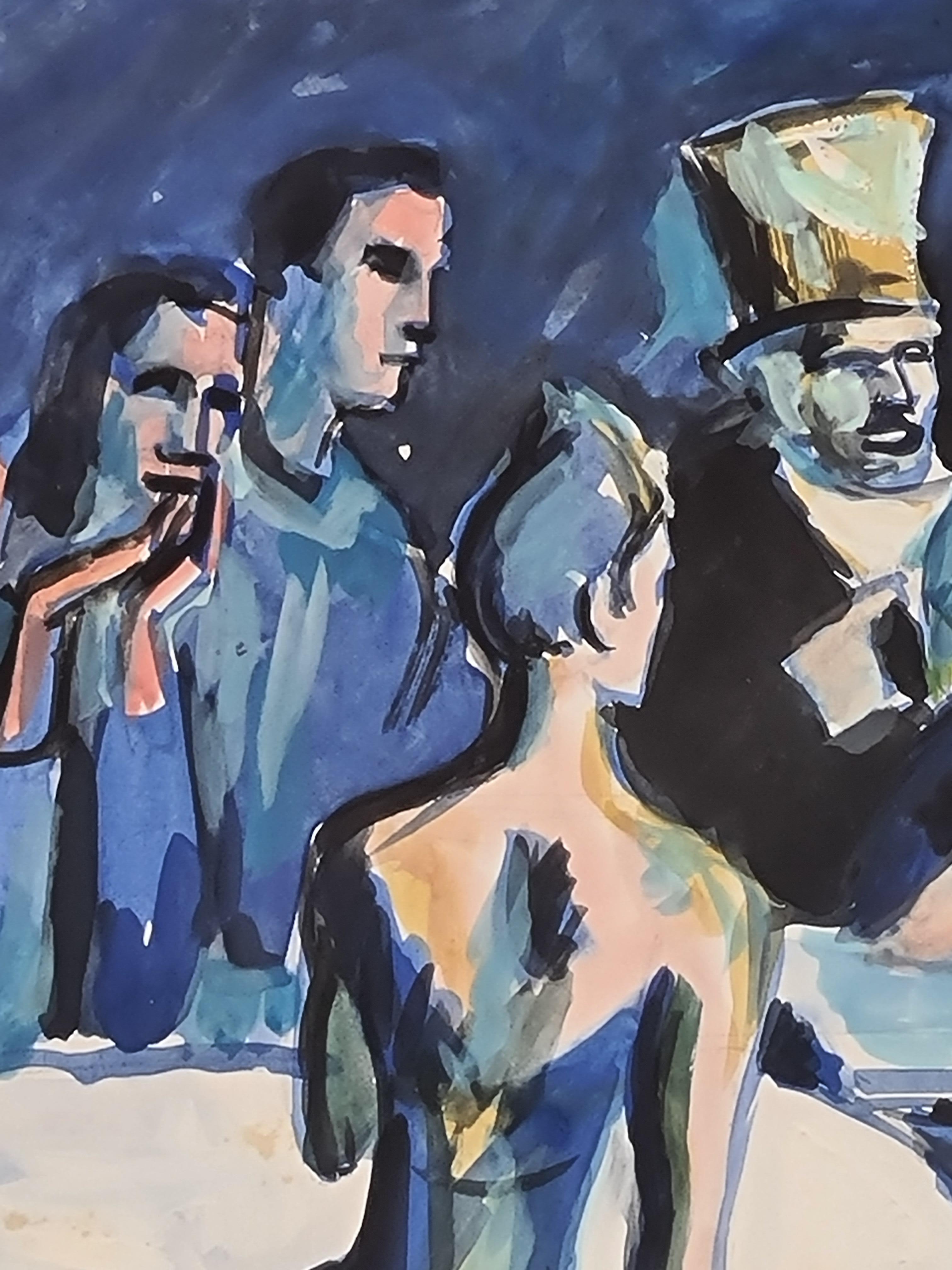 Late 20th Century gouache work on card of a group of circus performers around a table after Pablo Picasso. The work is dated bottom right.

A charming watercolour and gouache of a troupe or group of circus performers gathered round a table in