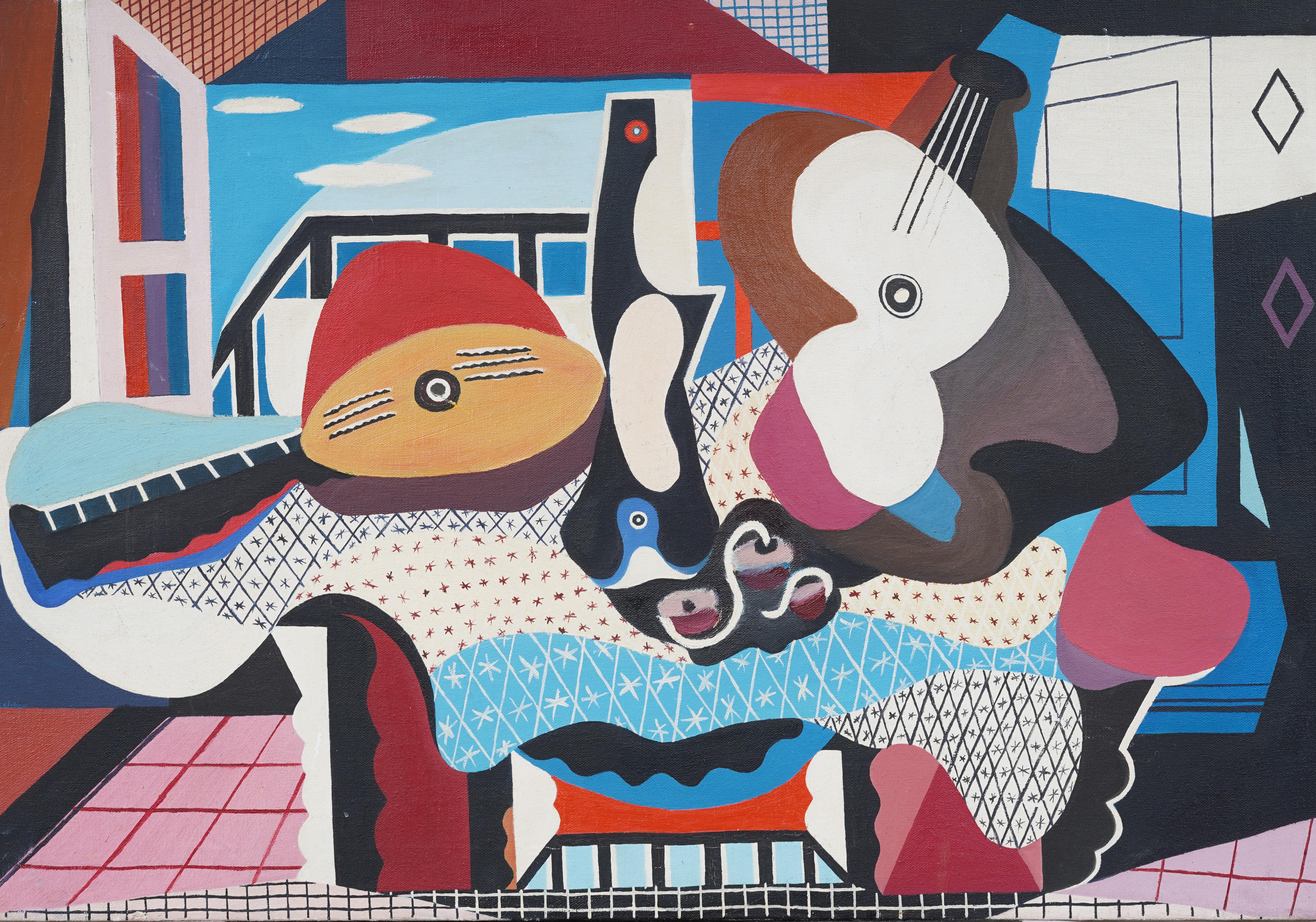 Vintage cubist abstract still life oil painting. Oil on canvas.  In excellent original condition. Excellent condition, ready to hang and enjoy. 