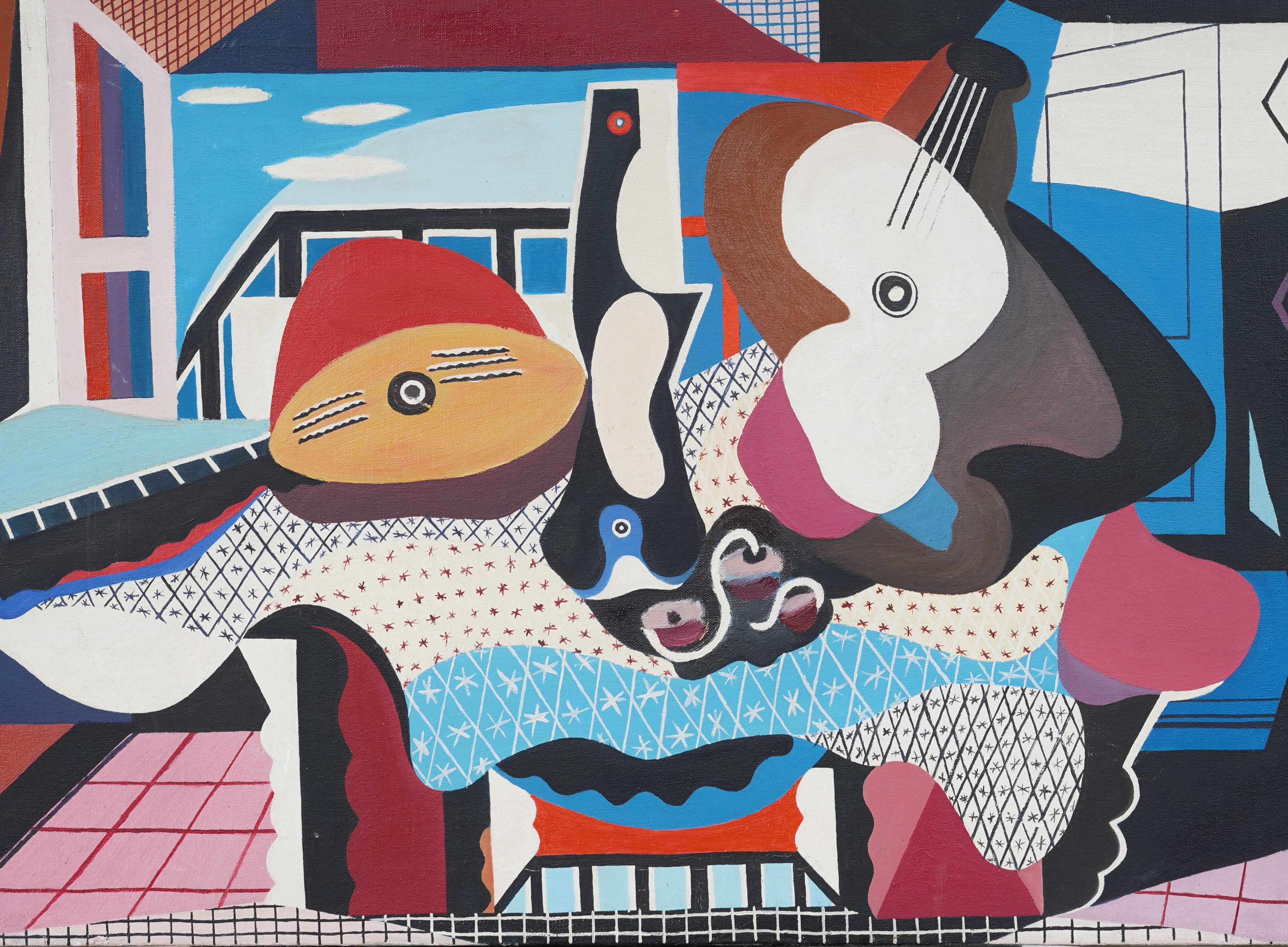 Vintage Cubist Abstract Guitar Still Life Oil Painting For Sale 1