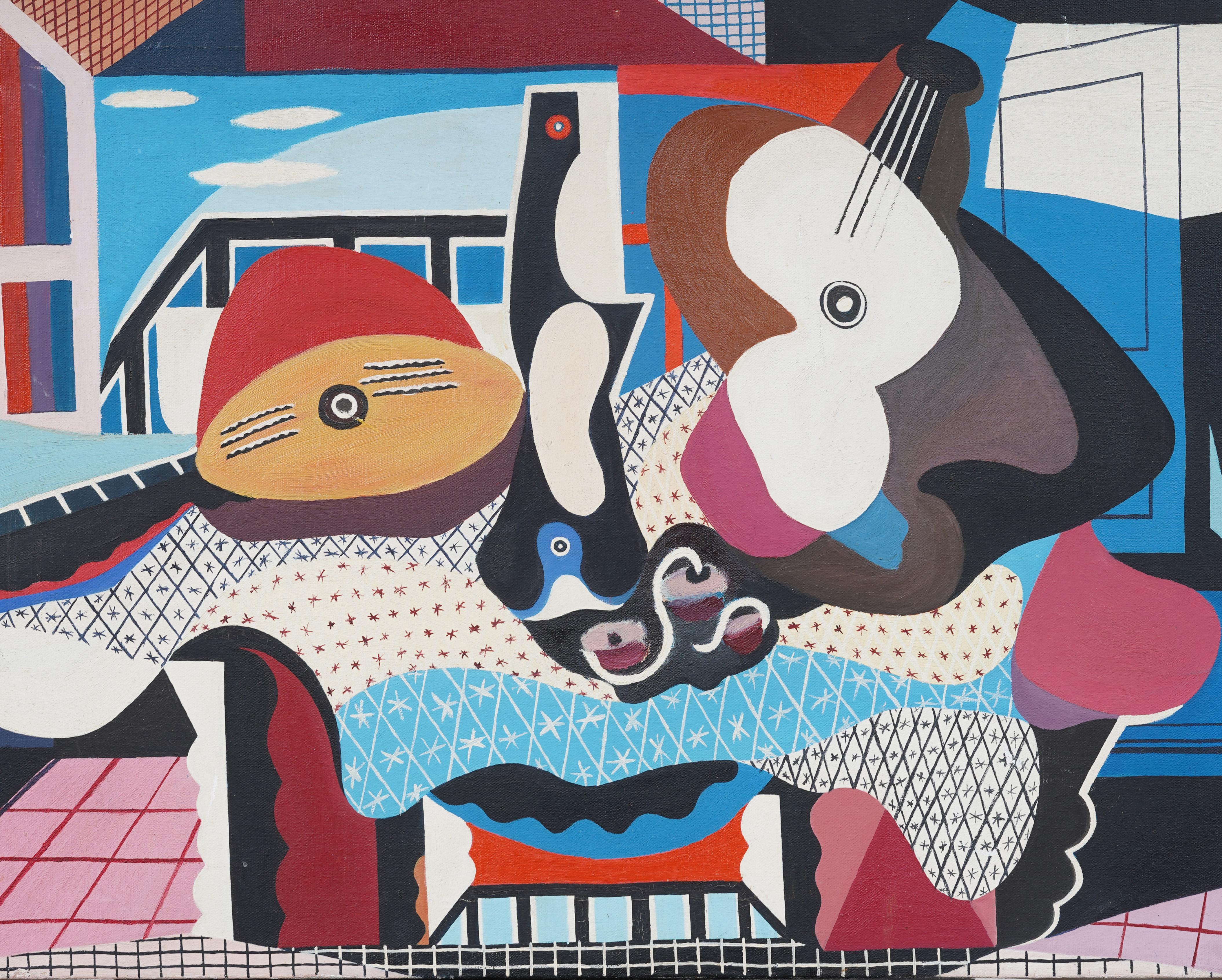 Vintage Cubist Abstract Guitar Still Life Oil Painting For Sale 2